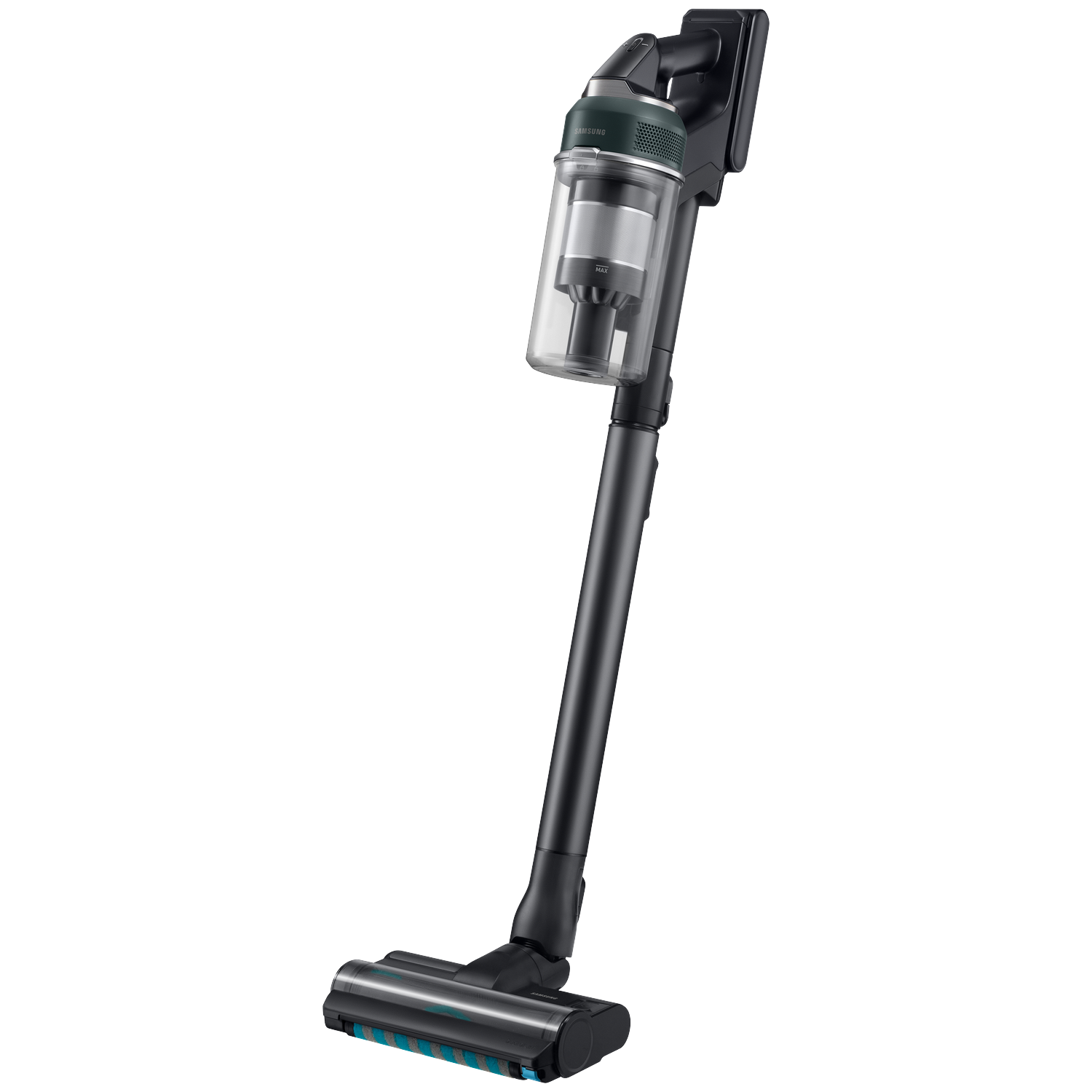 Black Samsung cordless vacuum cleaner with clear dustbin and brush head.