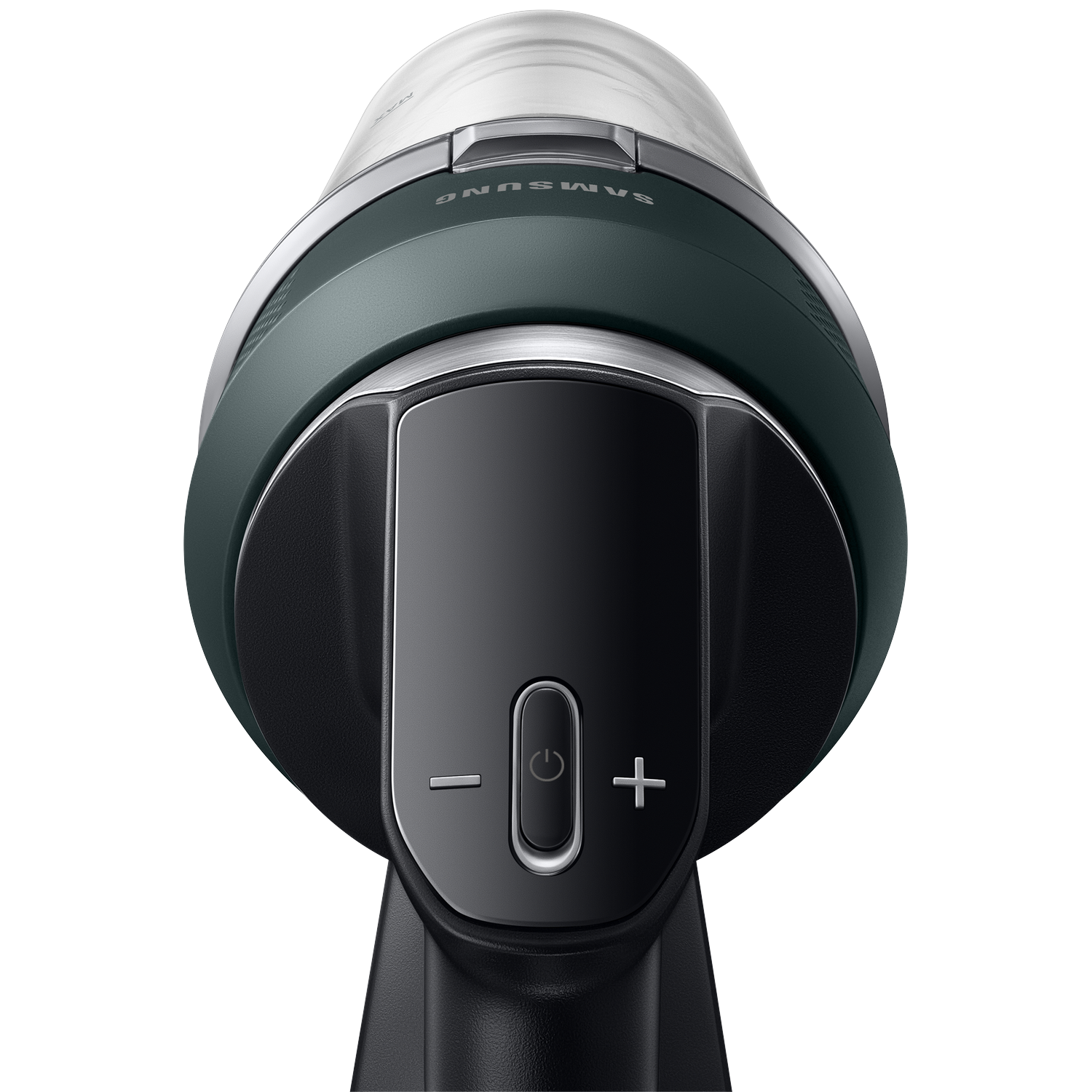 Wireless Samsung vacuum cleaner handle with power and volume buttons.