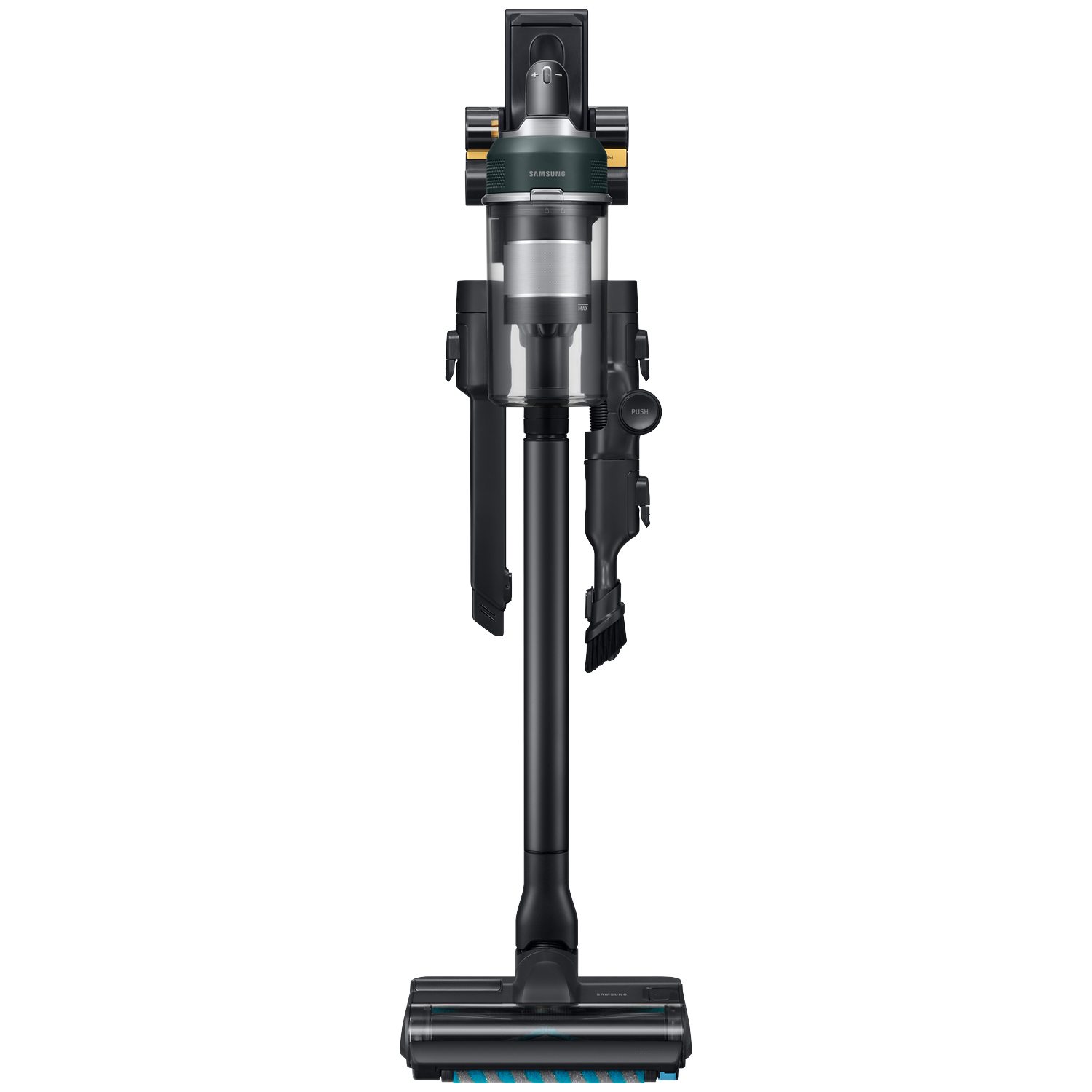 Black Samsung cordless vacuum cleaner with accessories, front view.