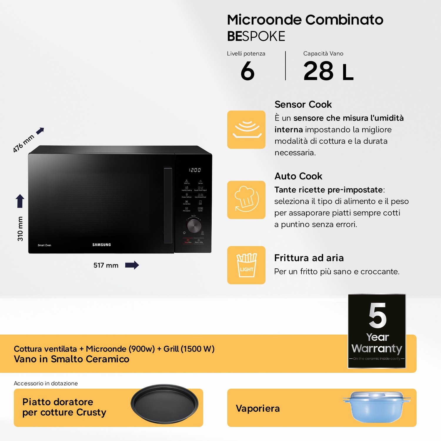 Microonde nero con dettagli su funzioni come Sensor Cook, Auto Cook, Frittura ad aria.