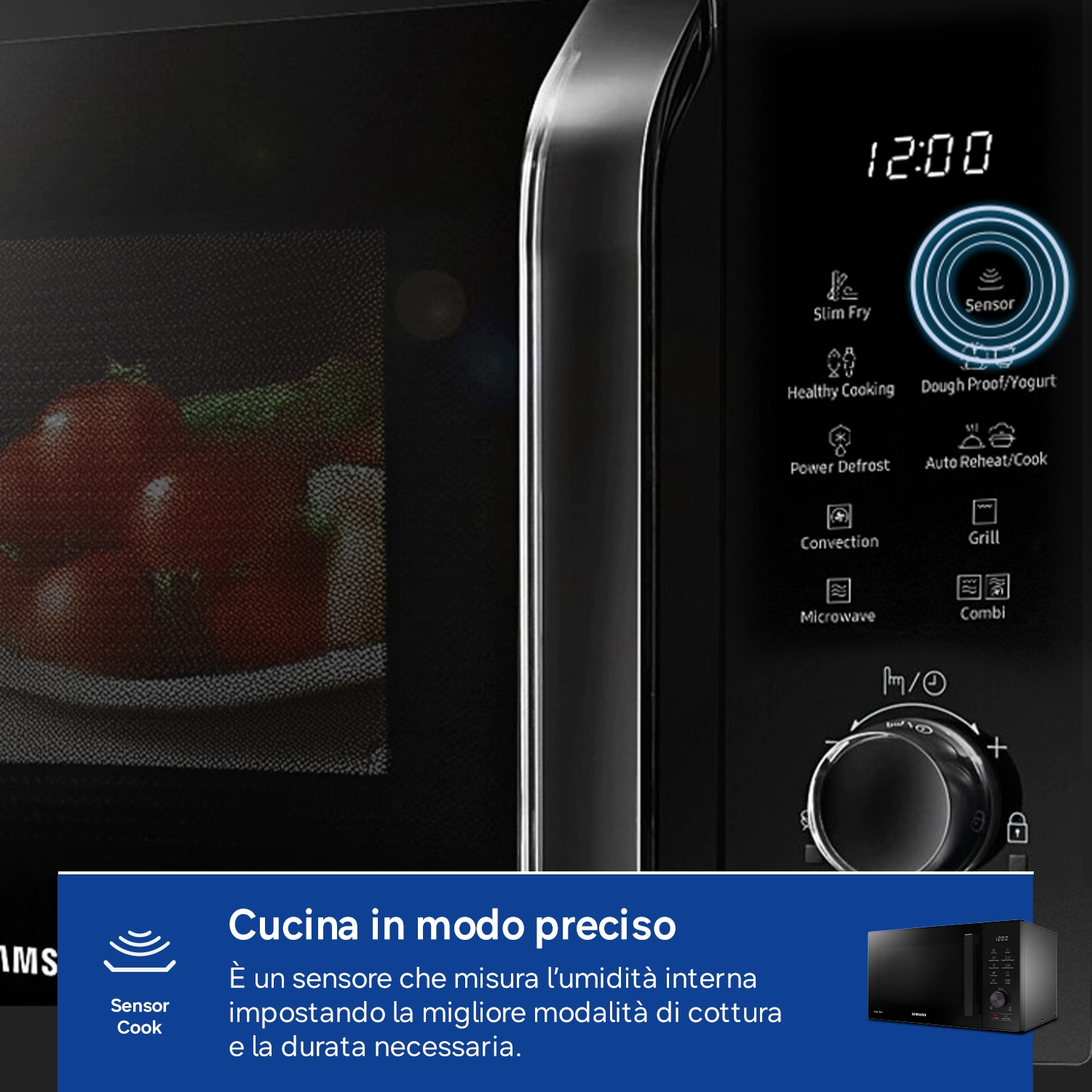 Forno a microonde nero con display digitale e varie icone di funzioni.