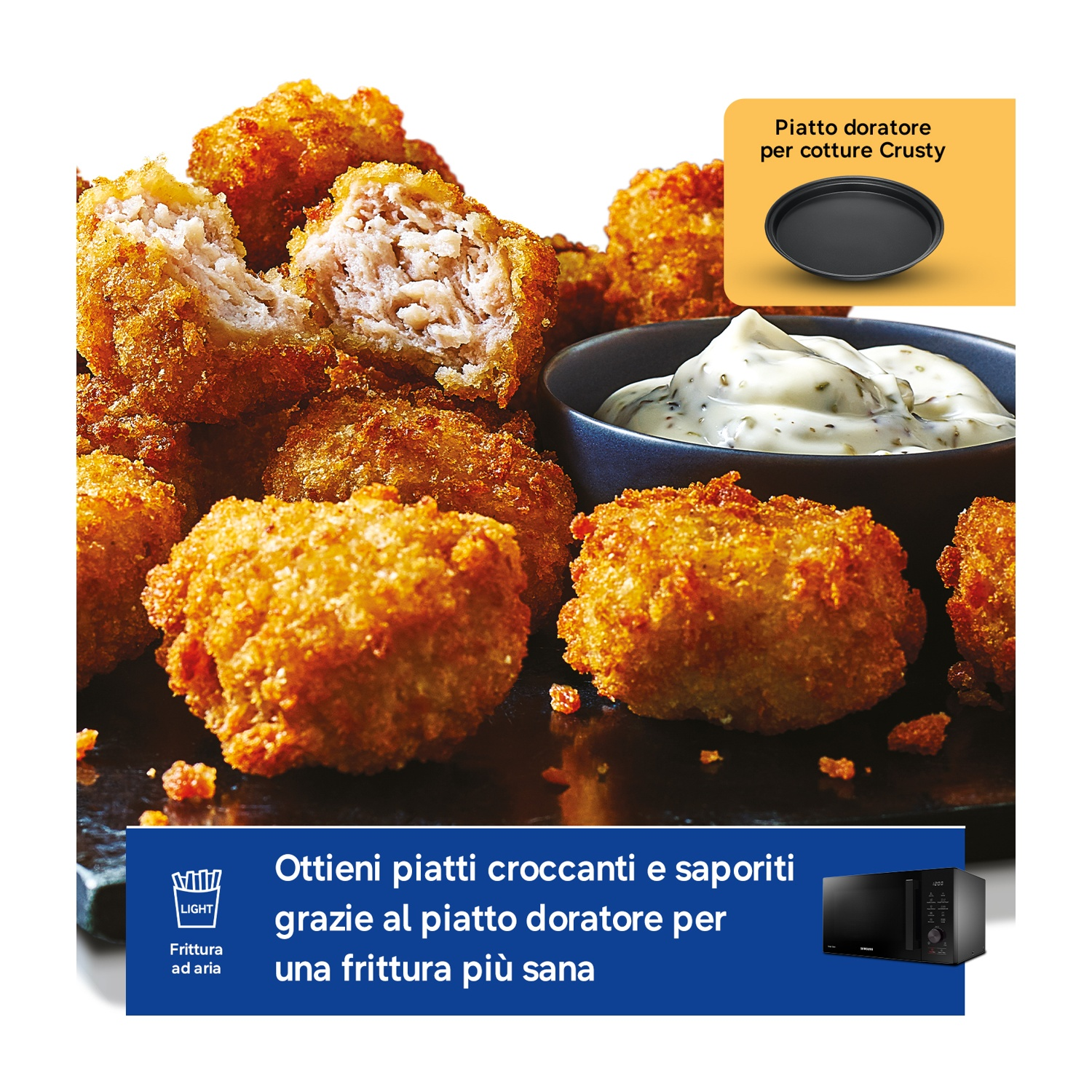 Nuggets di pollo fritti croccanti con salsa e piatto croccante per microonde.