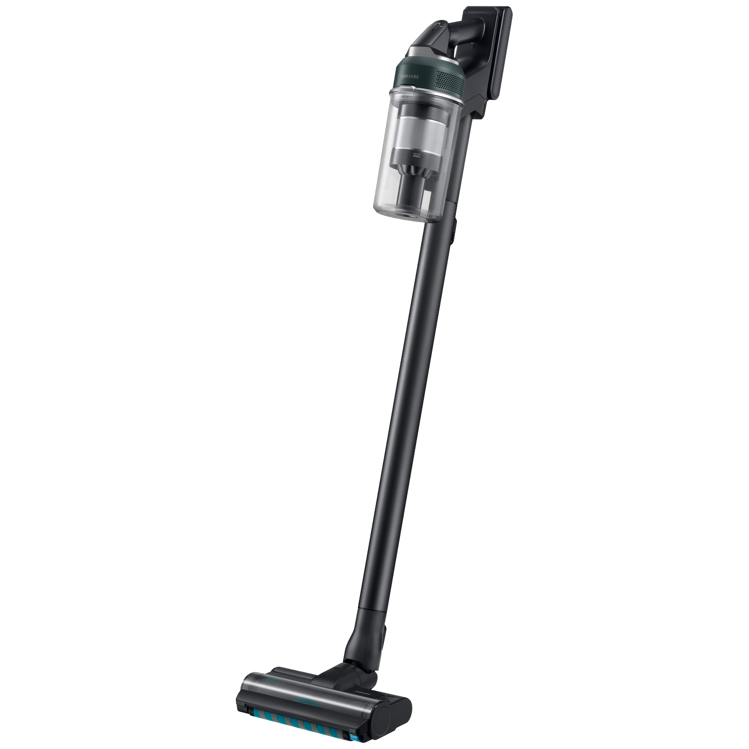 Black handheld vacuum cleaner with a green top and clear dustbin.