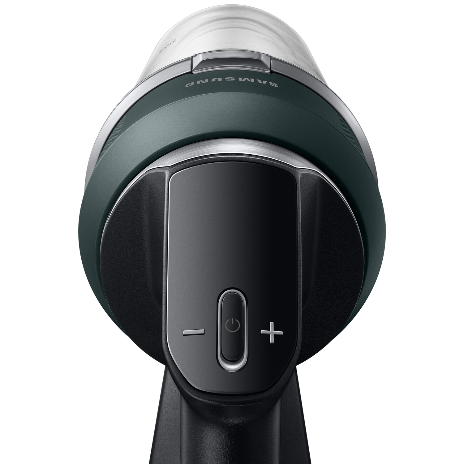 Close-up of a dark handheld vacuum cleaner with silver accents and control buttons.