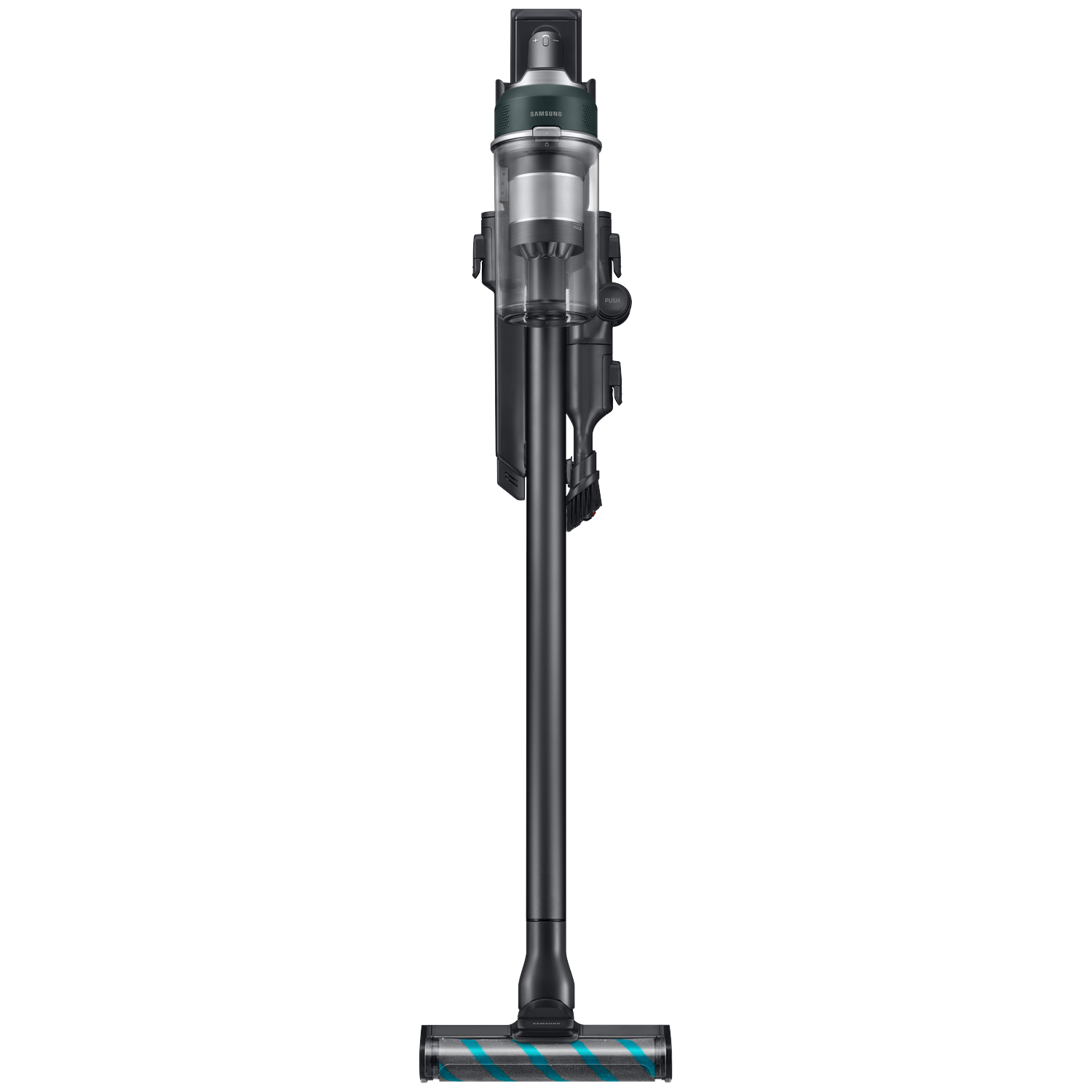 A modern, dark-colored cordless vacuum cleaner stands upright.