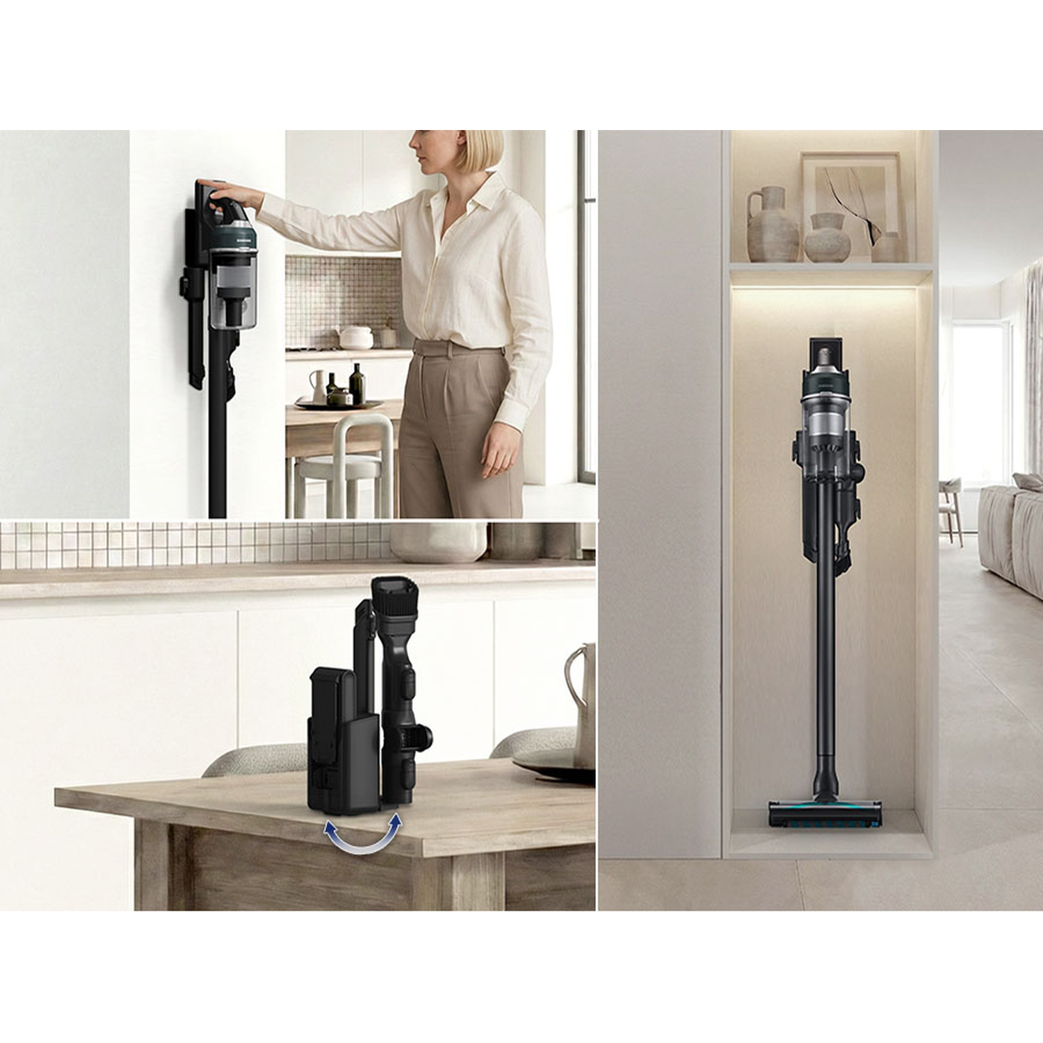 Woman hangs up vacuum. Vacuum stands on shelf. Accessories on table.