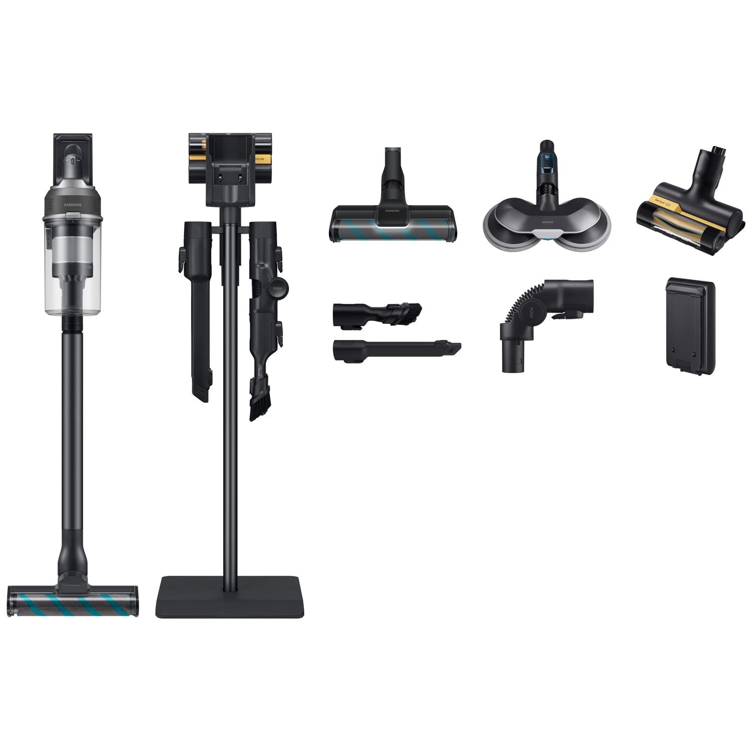 A black Samsung vacuum cleaner with accessories on a white background.