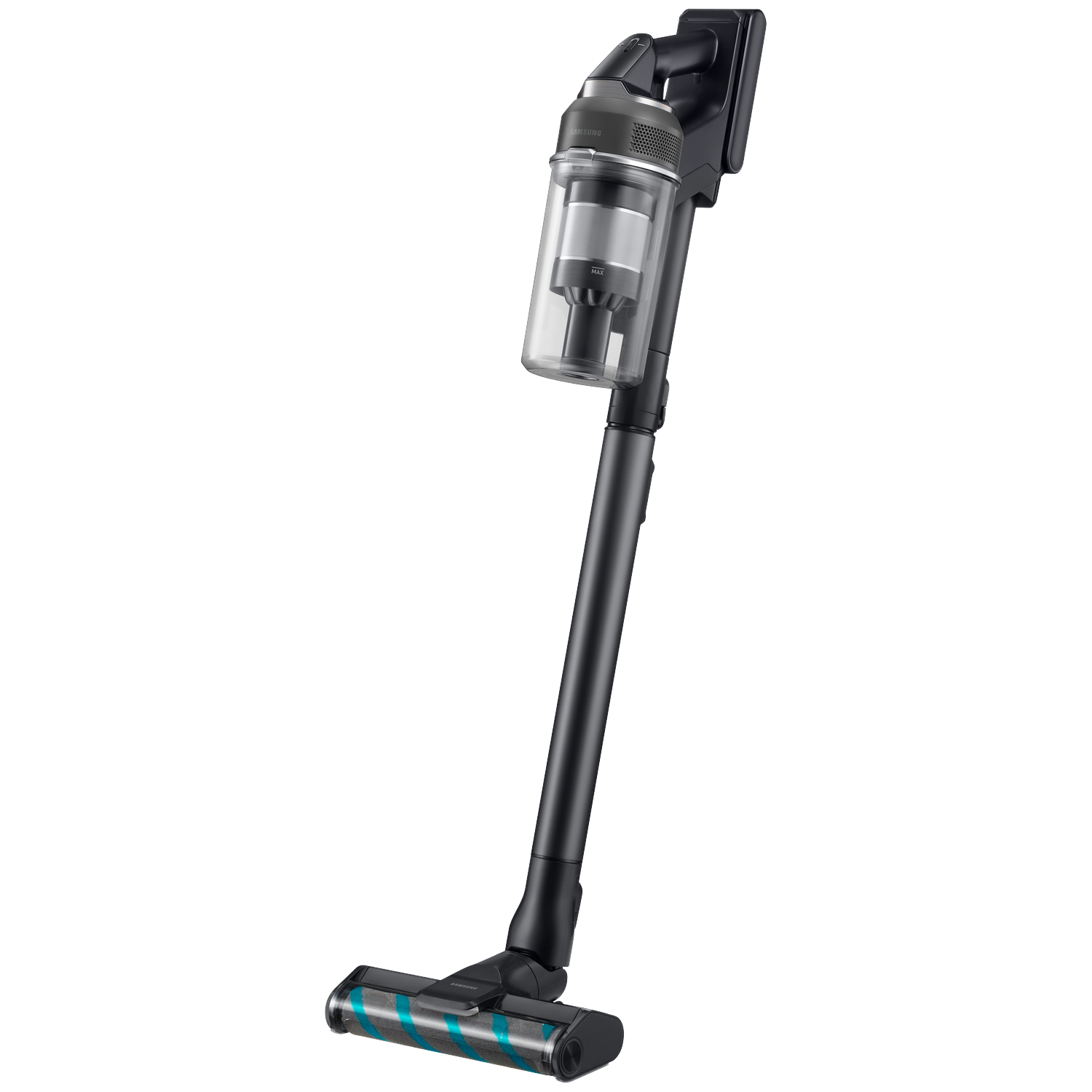 A black cordless vacuum cleaner with a transparent dustbin and blue accents.