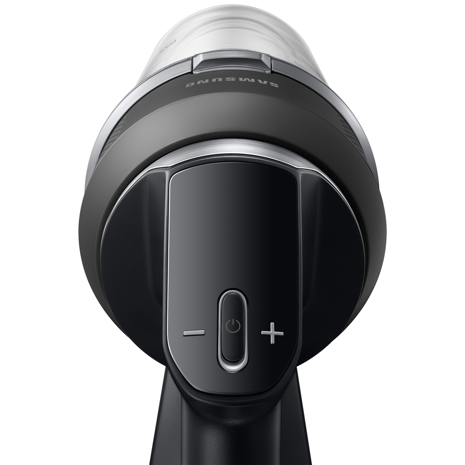 Close-up of a black vacuum cleaner handle with power and volume buttons.