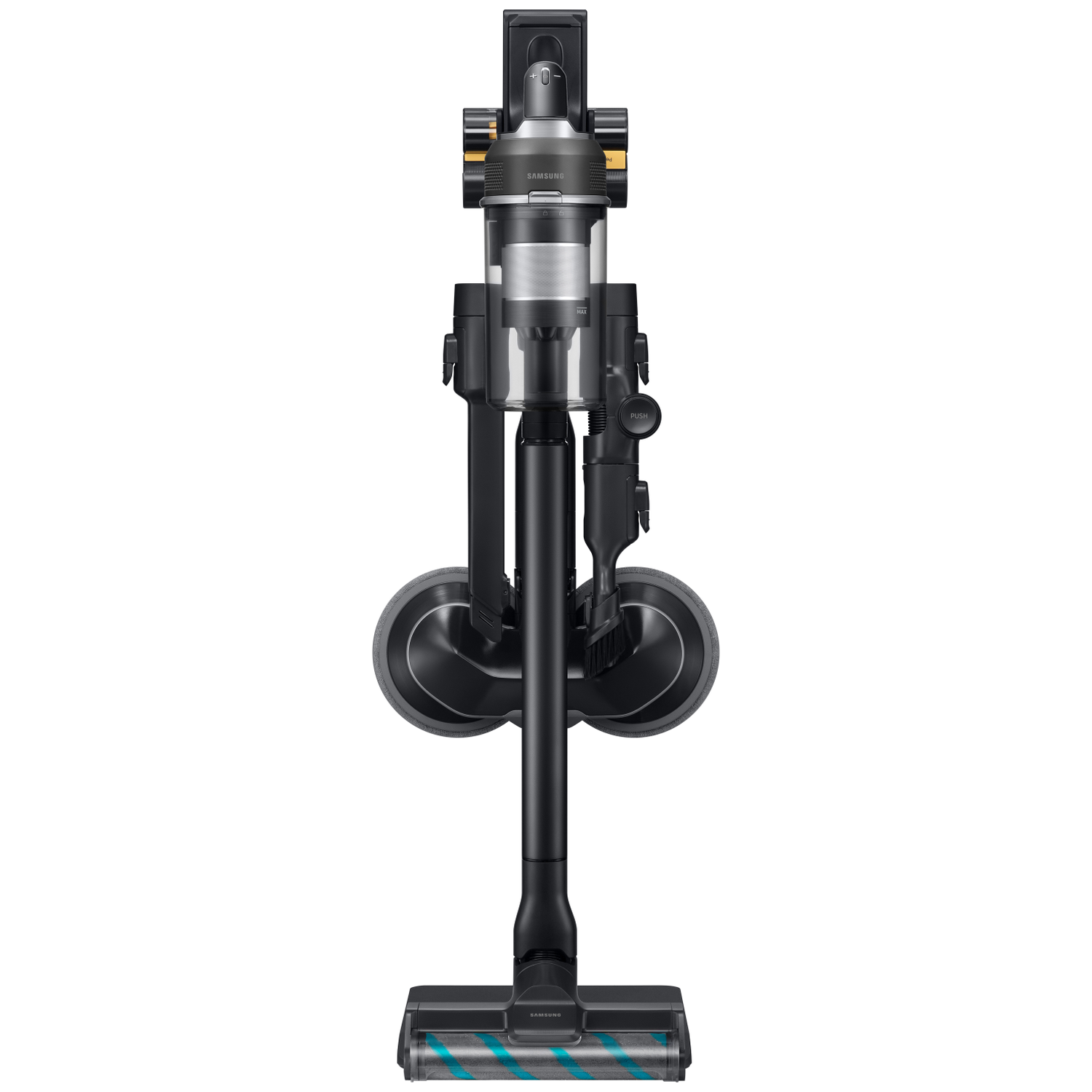 A black Samsung cordless vacuum cleaner stands upright. It has a transparent dustbin.