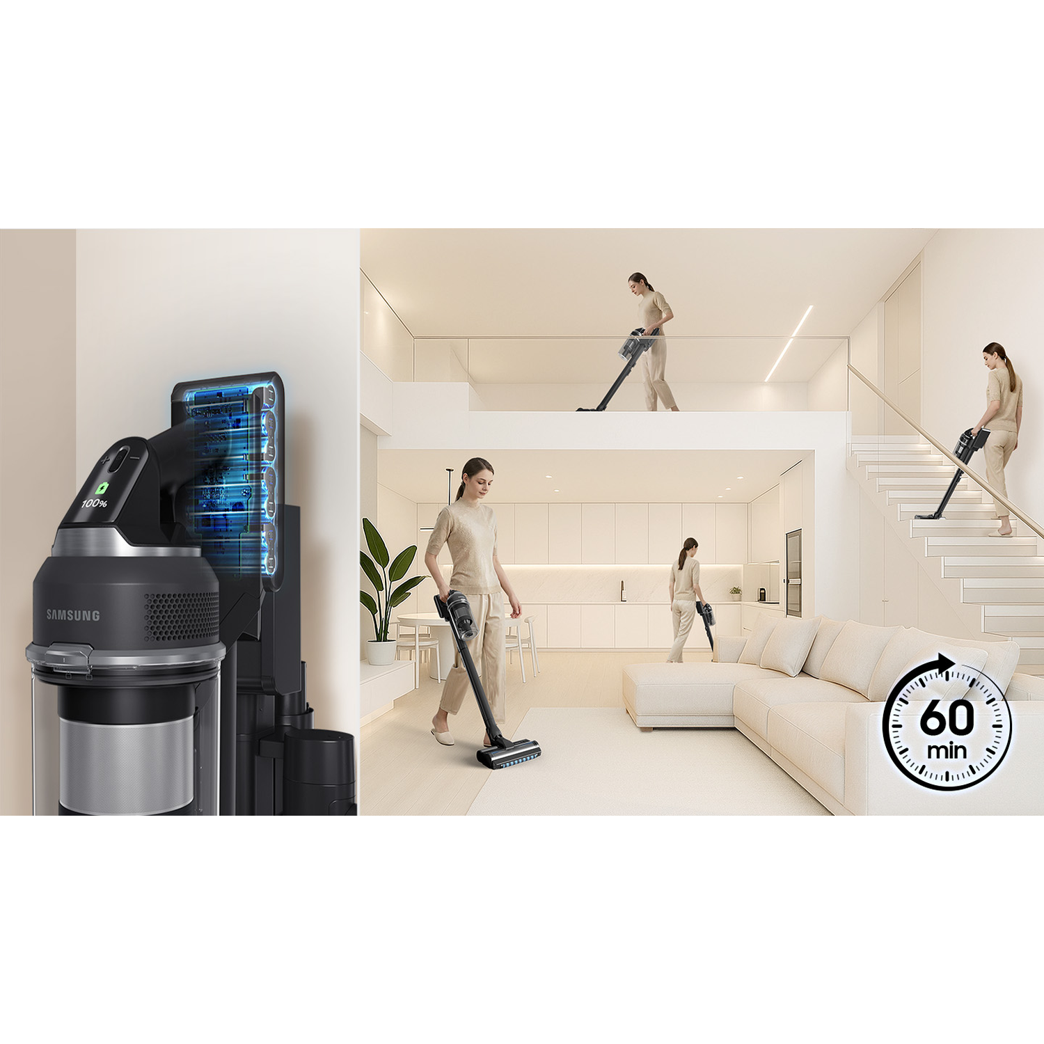 Samsung vacuum: battery charging, woman vacuums in a house, 60 min runtime.