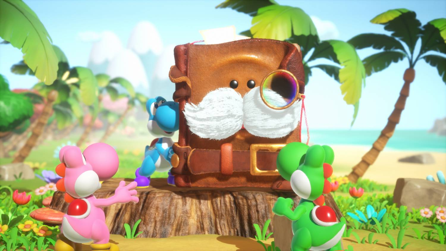 Tres Yoshis en una isla tropical con un libro personaje.