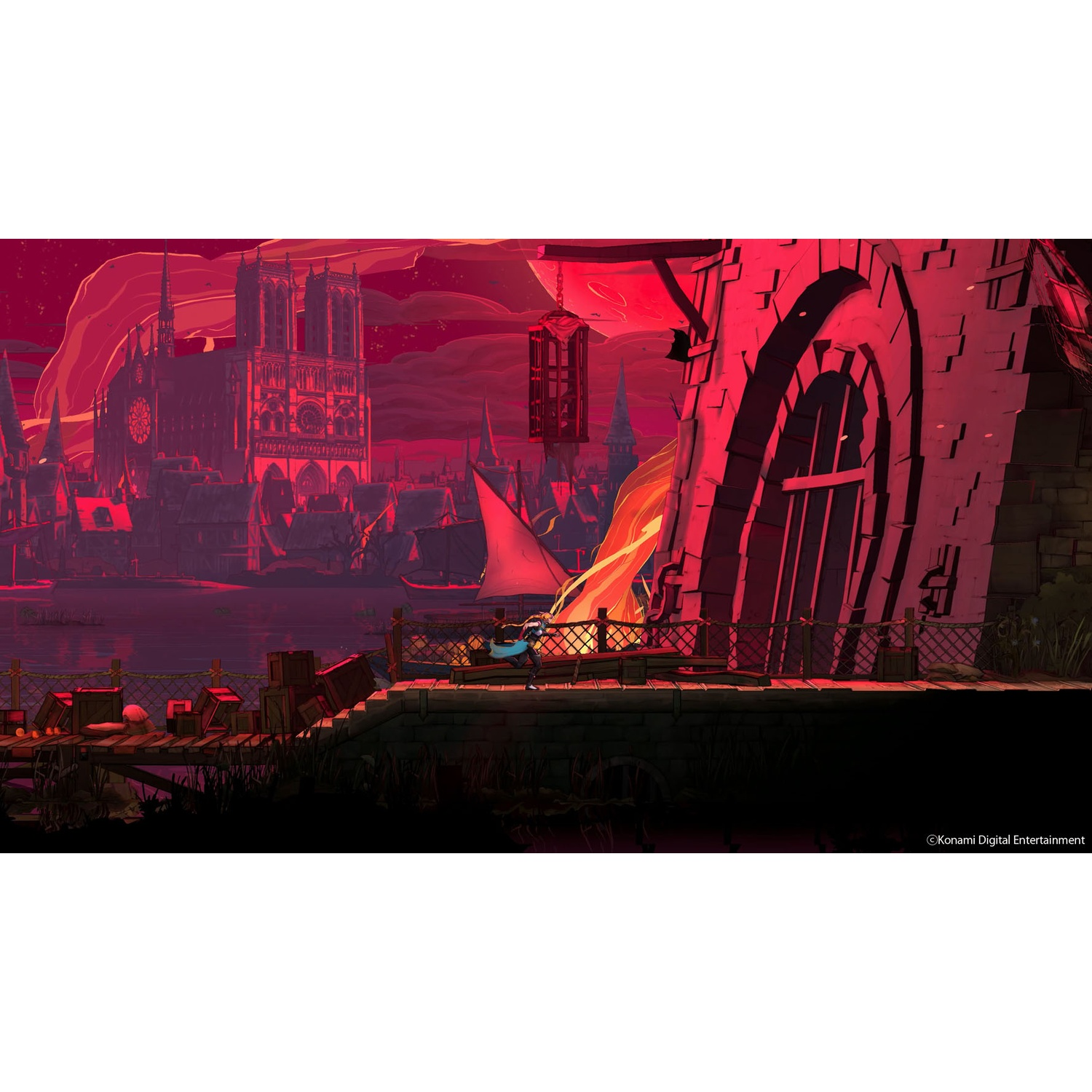 Anime scène met stadszicht op Notre Dame 's nachts, rood verlicht.