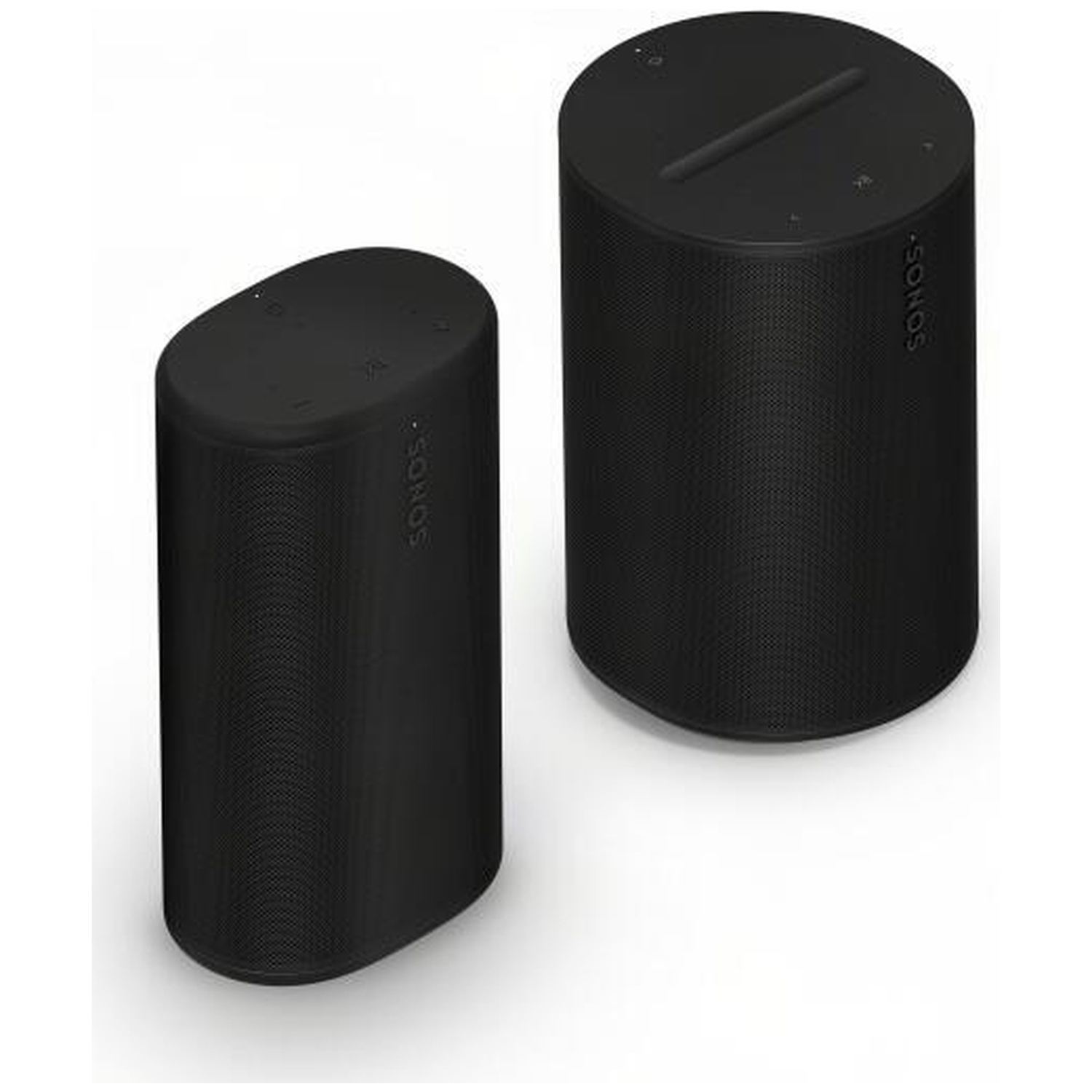 Two black, cylindrical speakers stand side-by-side on a white background.