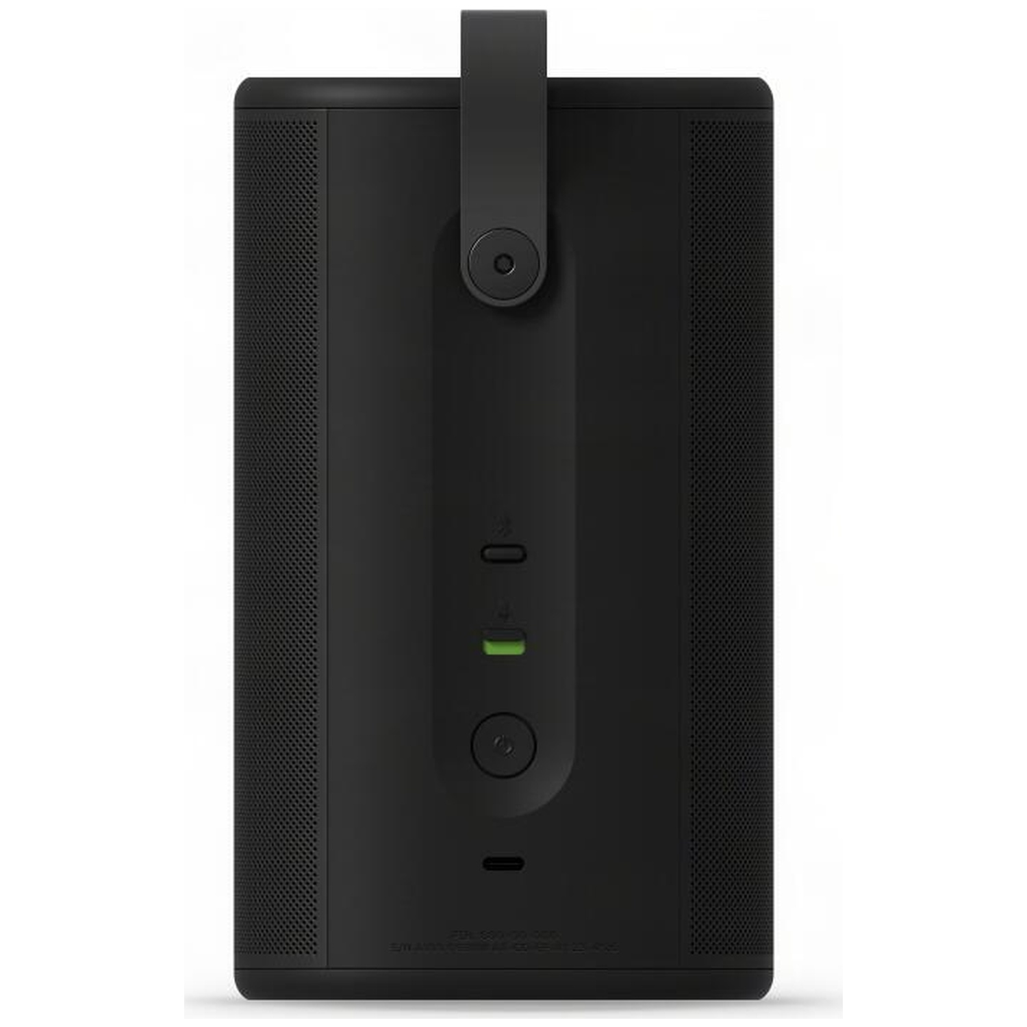 Black speaker with handle, charging port, and control buttons.