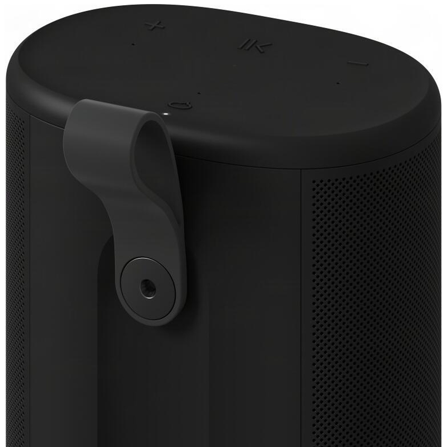 Black portable speaker with a carrying handle and buttons.