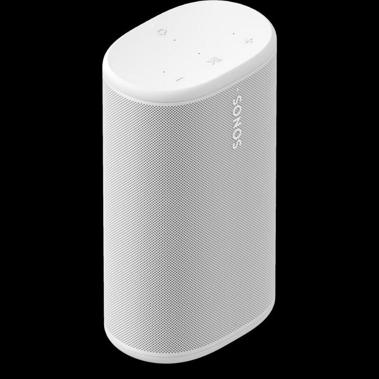 Een witte Sonos speaker met geperforeerd rooster en bedieningselementen bovenop.