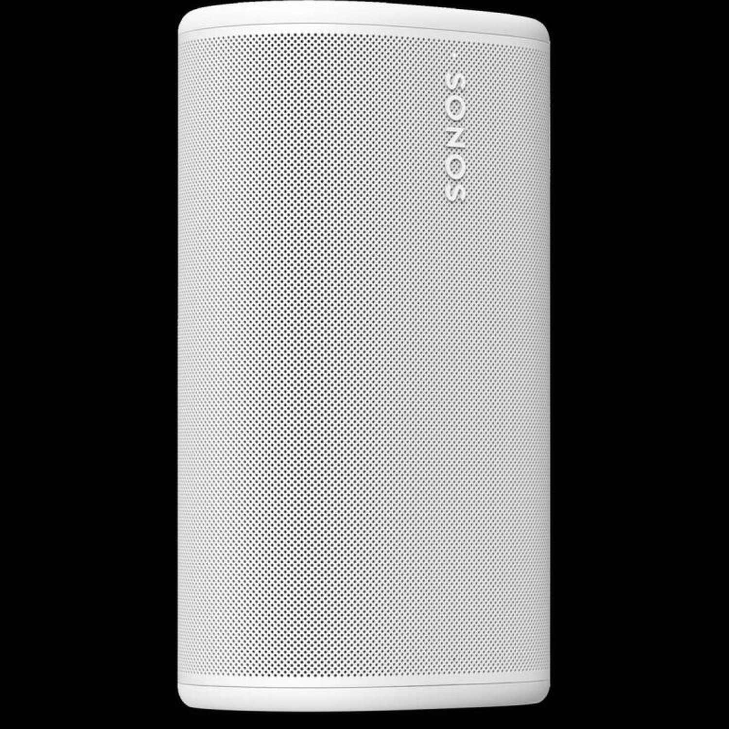 Witte Sonos speaker met geperforeerd patroon en logo op zwarte achtergrond.