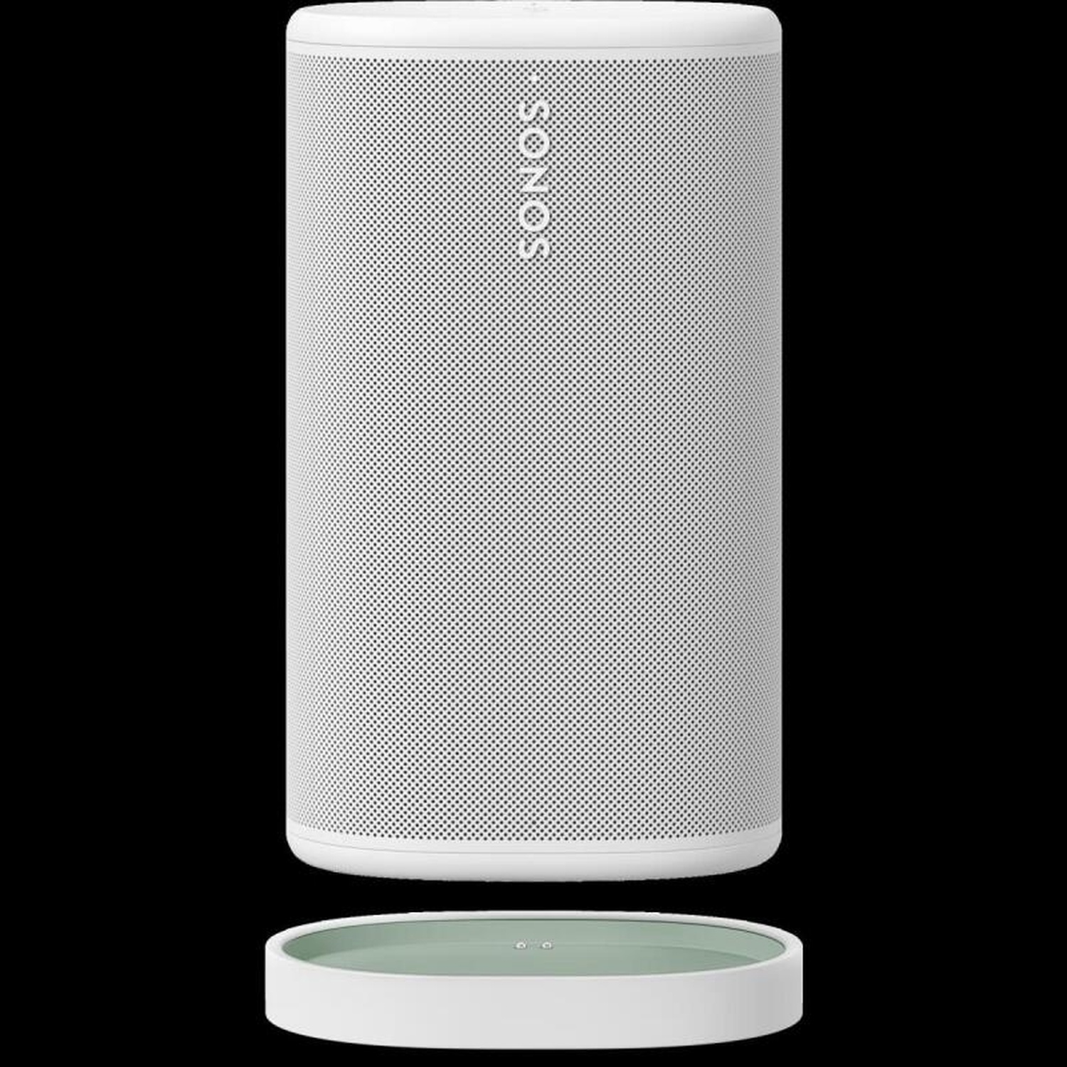 Een witte Sonos speaker met een groene voet eronder.