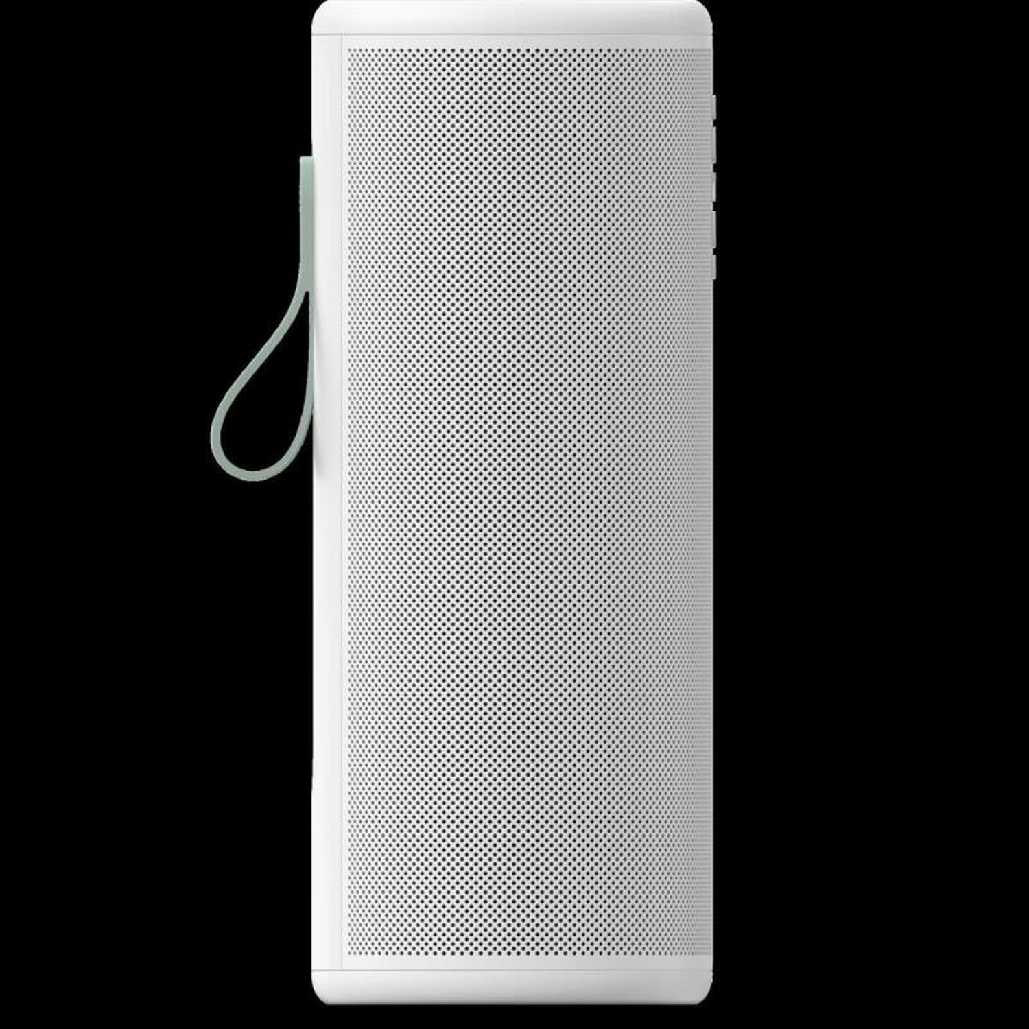 Een witte cilindrische luidspreker met een lichtgroen bandje.