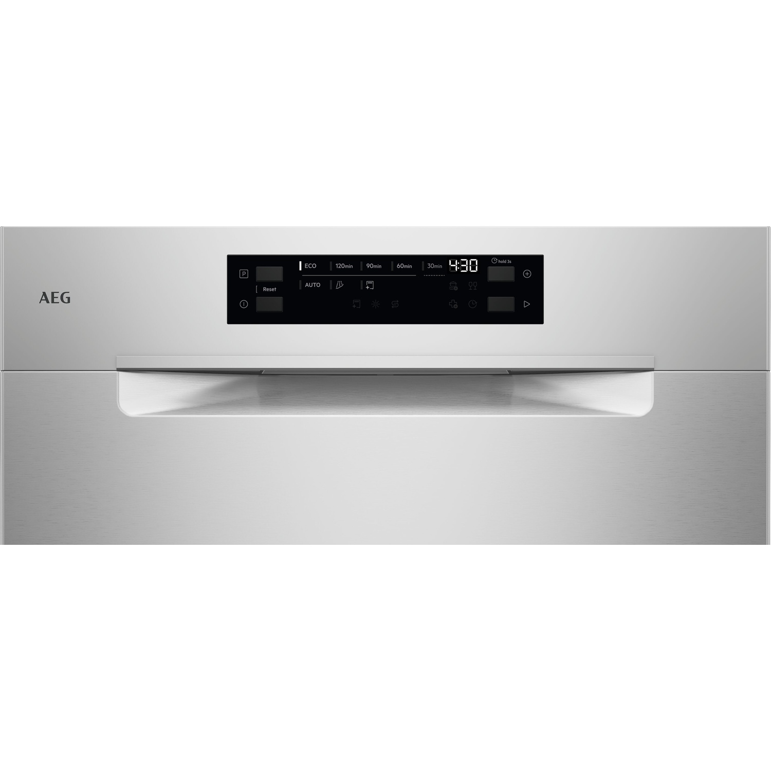 Lavastoviglie AEG con display digitale, selezione programmi e ora di inizio.
