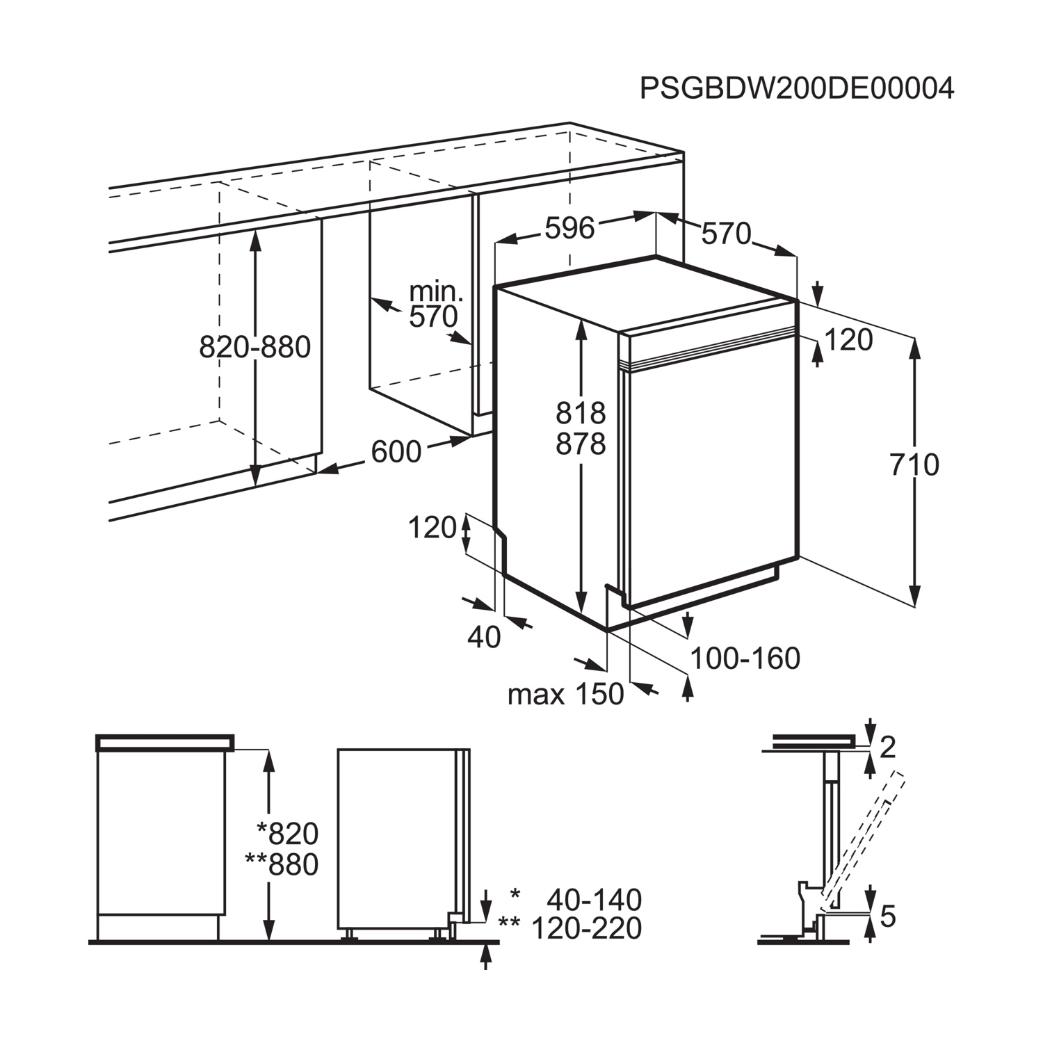 Disegno tecnico di una lavastoviglie con dimensioni in mm.