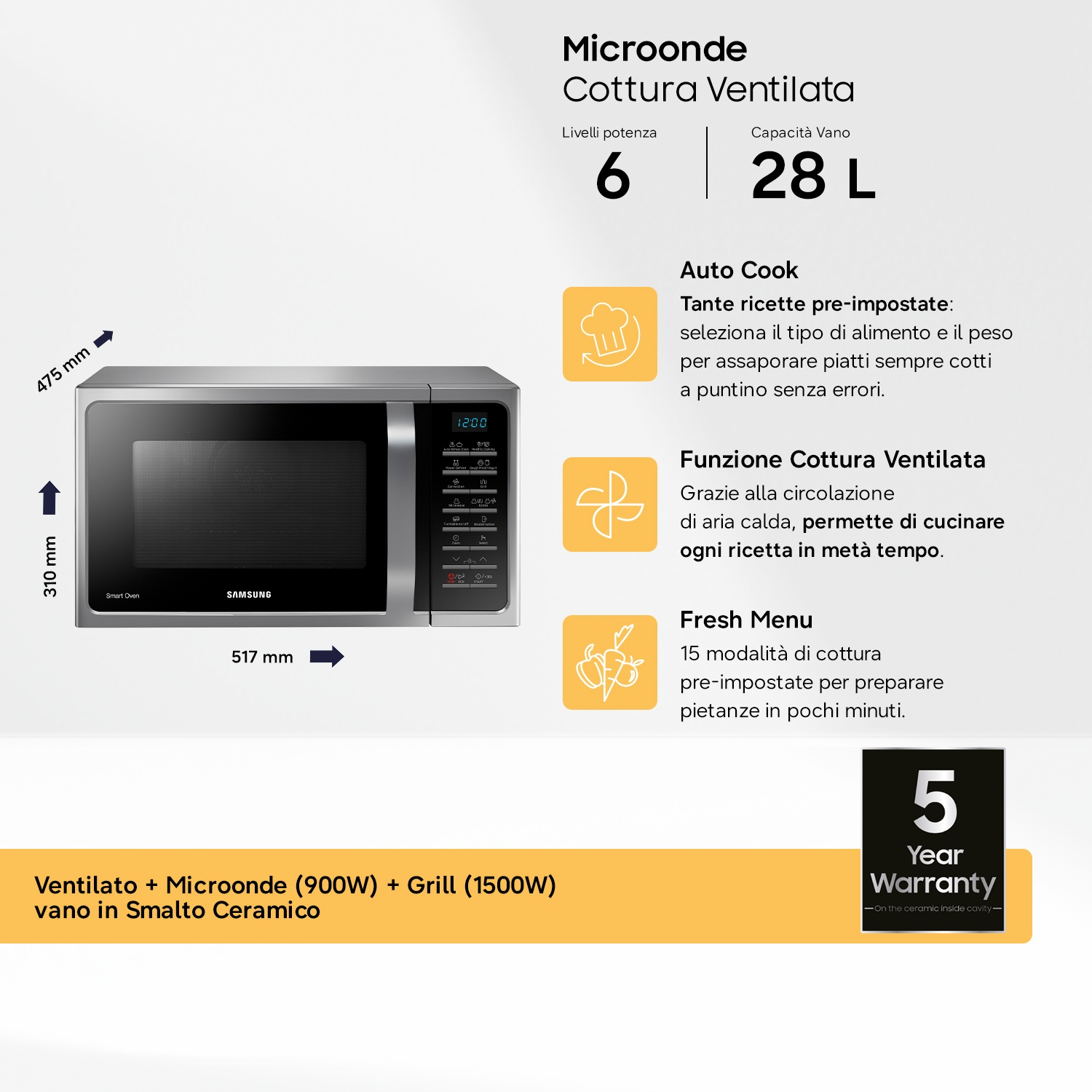 Forno microonde combinato Samsung argento con pannello e dimensioni.