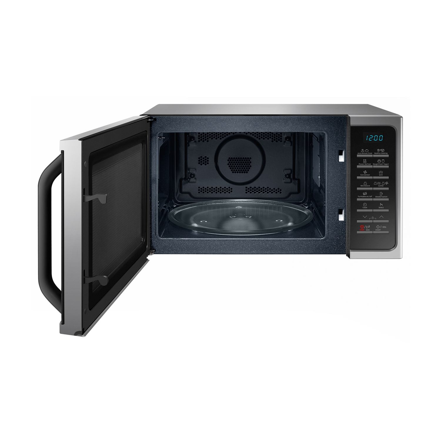 Un forno a microonde argentato aperto con interno nero e pannello di controllo.