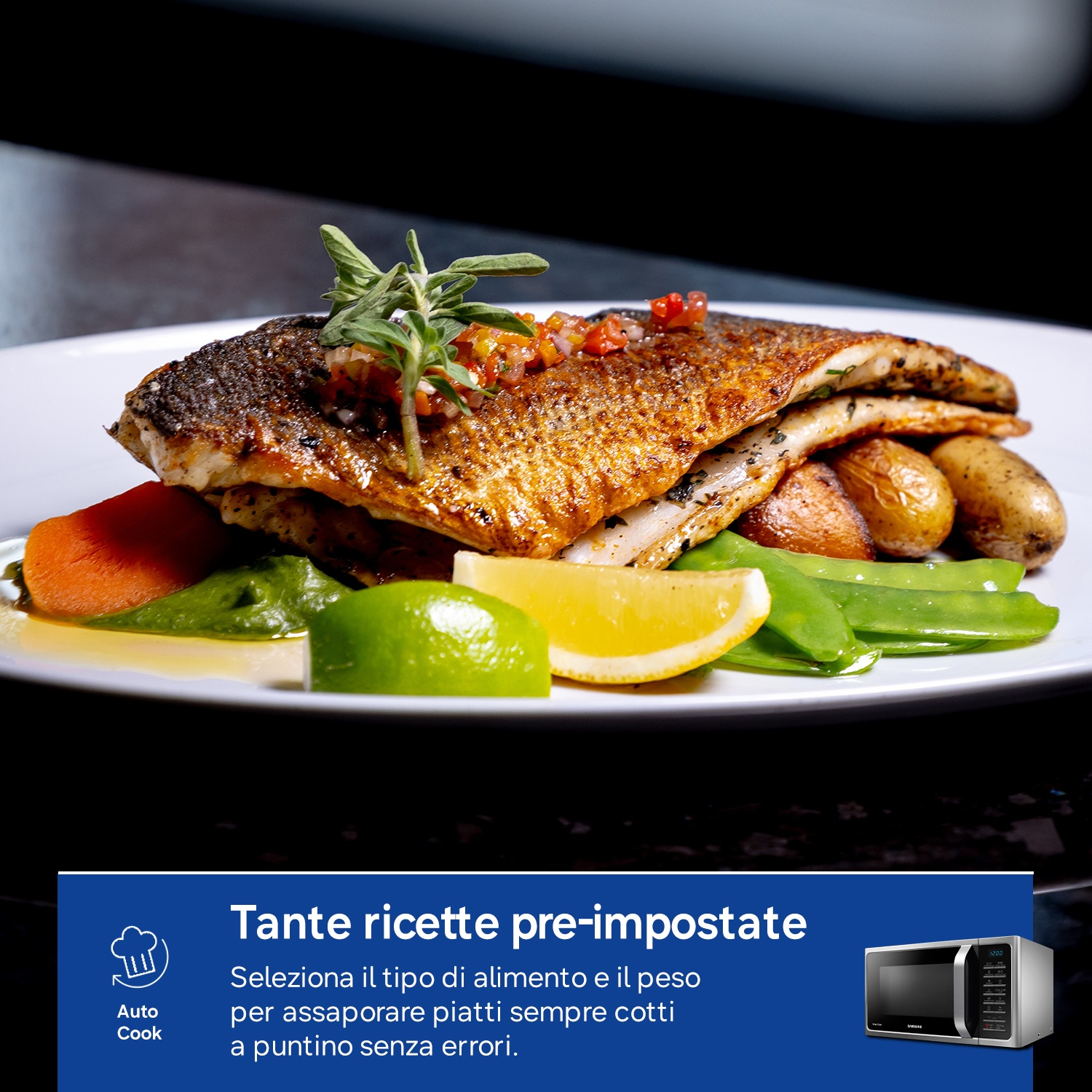 Piatto di pesce scottato con patate arrosto, fagiolini e carote.