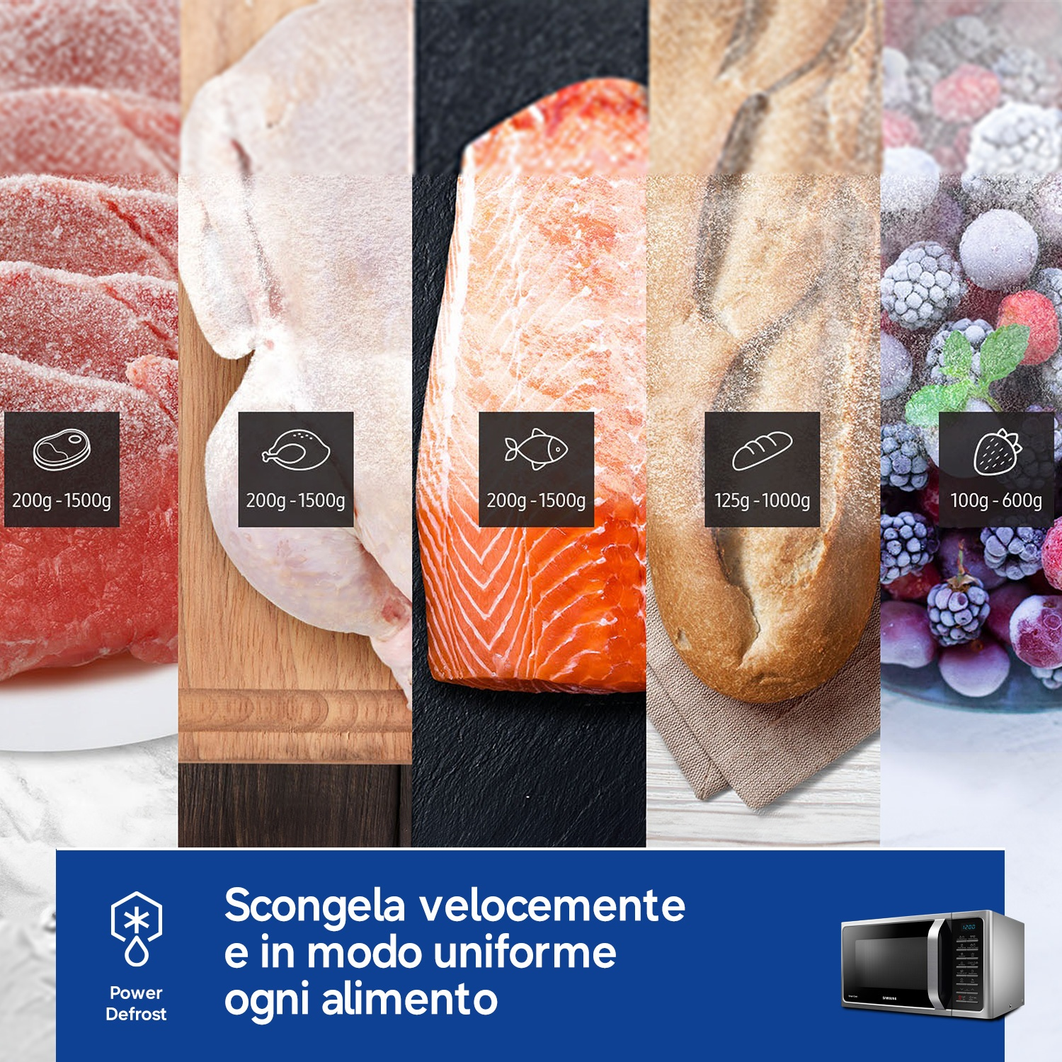 Vari alimenti tra cui carne, pollo, pesce, pane e bacche vengono mostrati per uno scongelamento rapido.