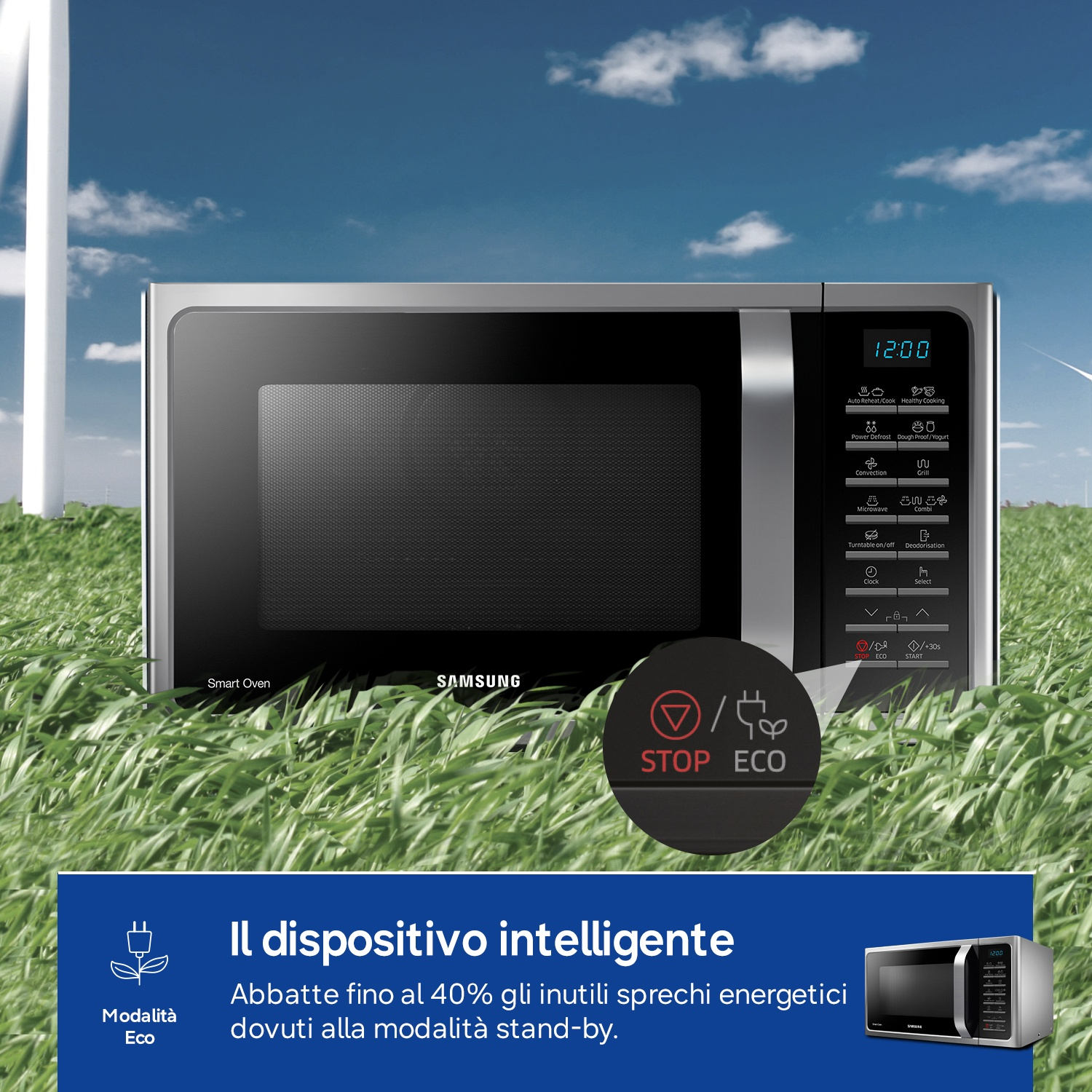 Forno a microonde Samsung sull'erba sotto il cielo blu con turbine eoliche.