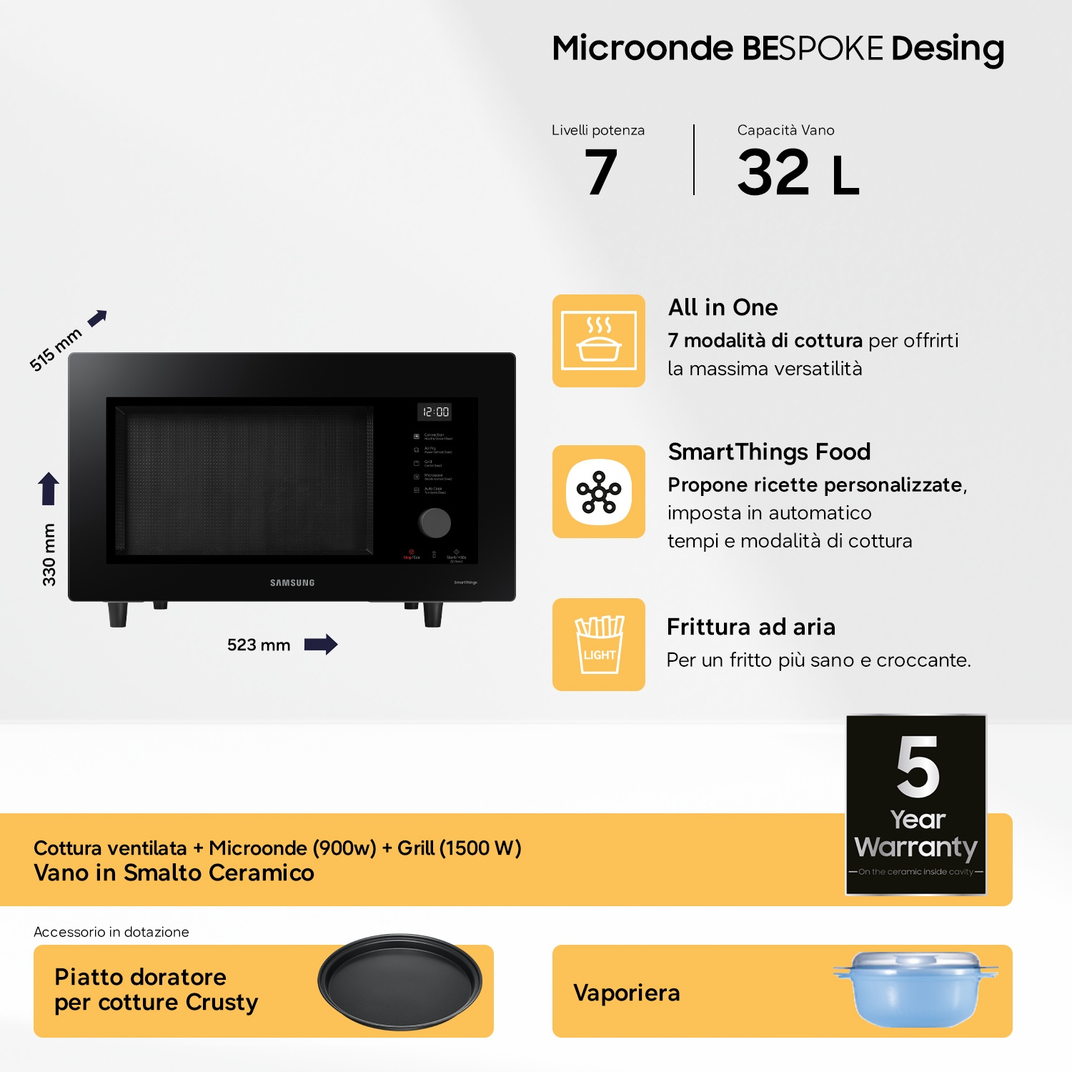 Microonde nero con display, 7 livelli potenza, capacità 32 L. Accessori: piatto dorante, vaporiera.
