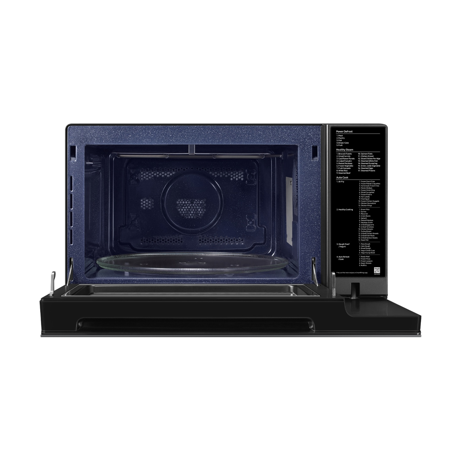Un forno a microonde aperto con piatto girevole in vetro e pannello di controllo.