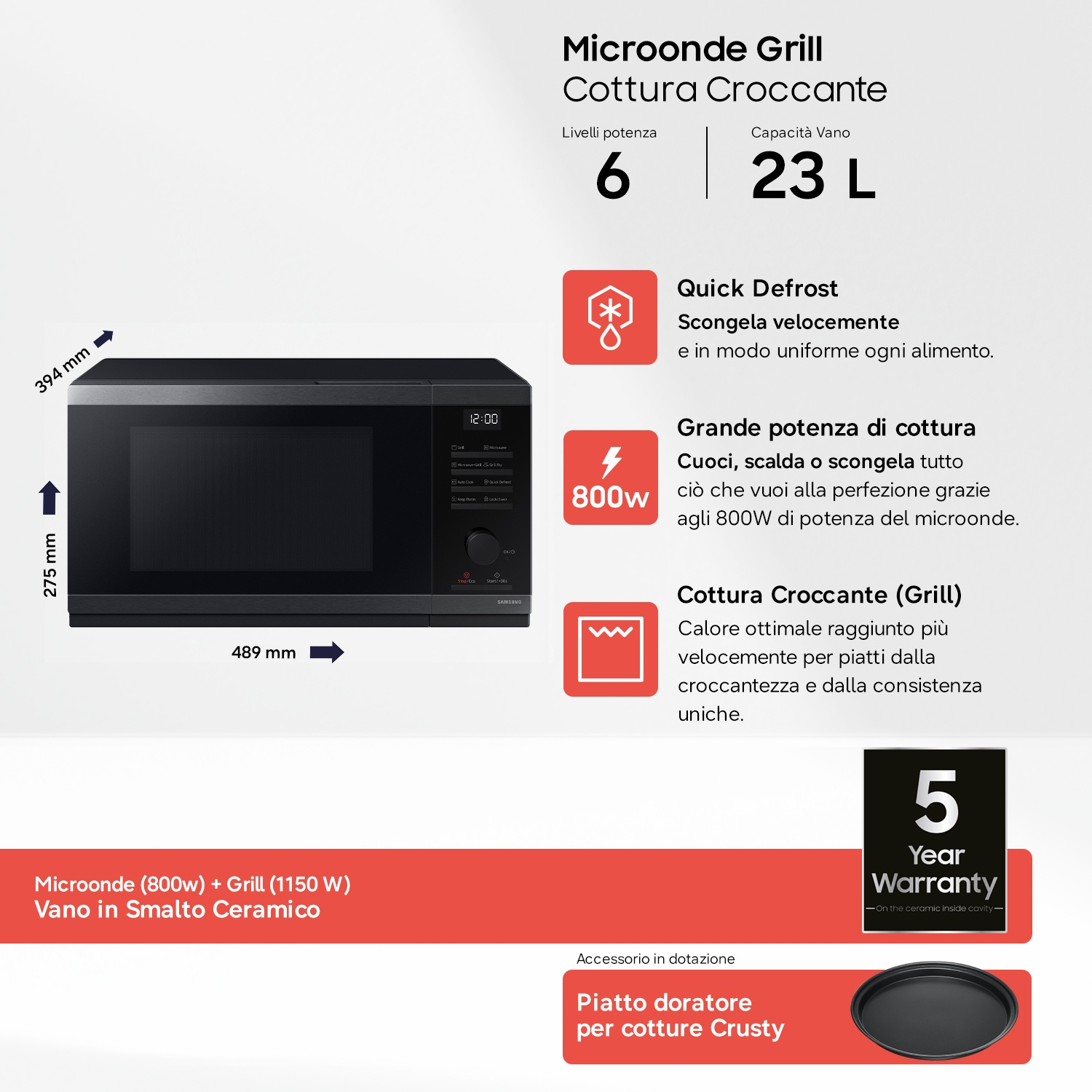 Microonde nero con grill, 23L, 800W, include accessorio.