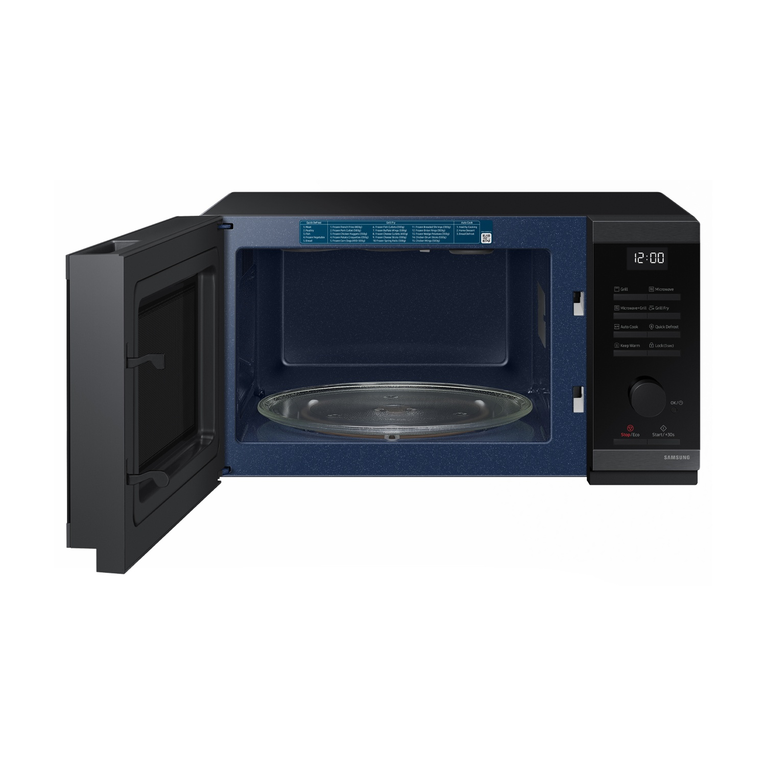 Forno a microonde nero aperto con interno blu e piatto girevole in vetro.