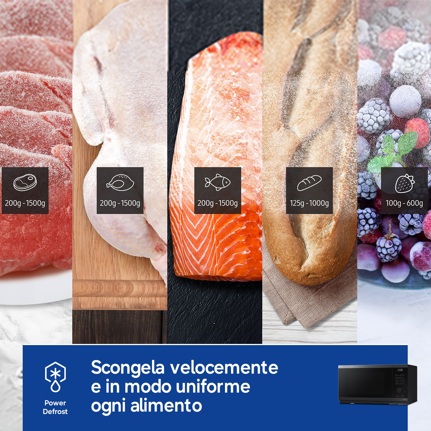 Carne, pollo, salmone, pane e bacche congelati uno accanto all'altro.