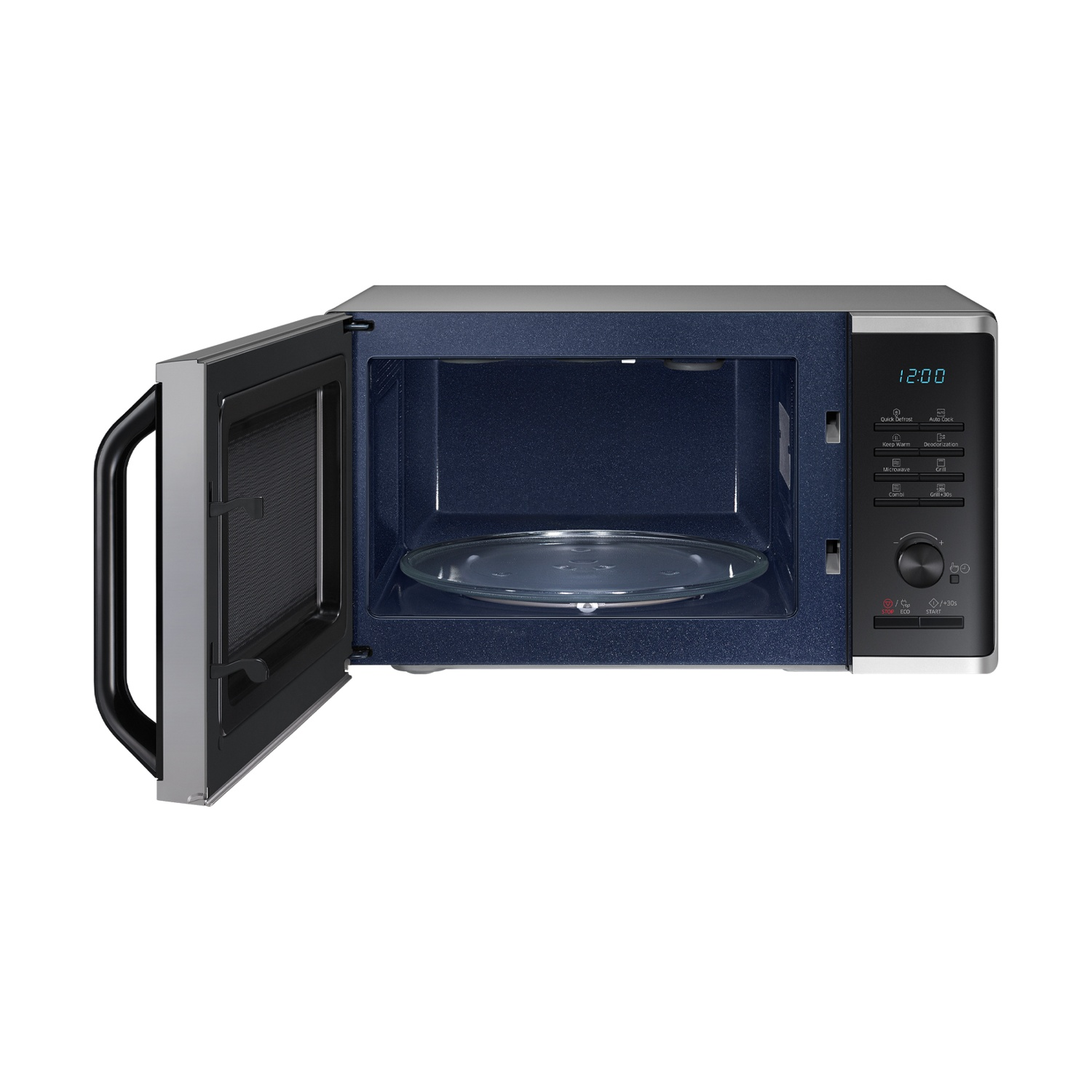 Forno a microonde aperto con interno blu e piatto girevole in vetro. Pannello comandi.