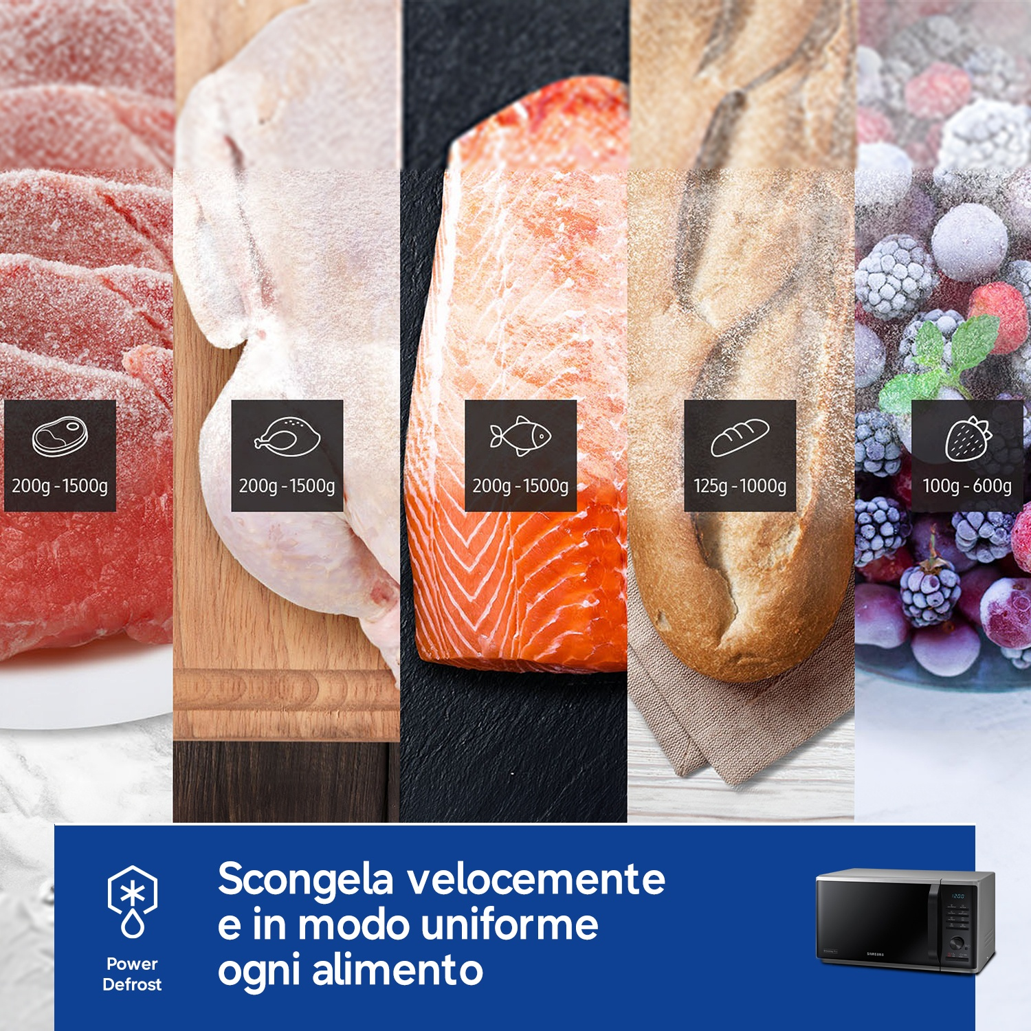 Carne, pollo, salmone, pane e bacche congelati con indicazioni di peso.