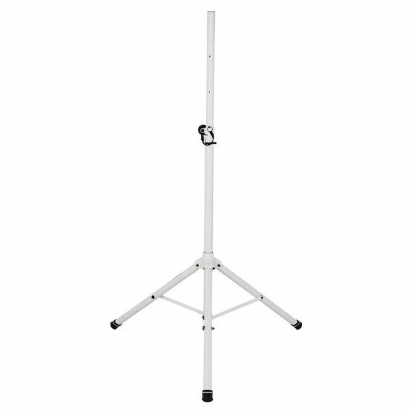 Üç uzatılabilir bacaklı beyaz bir tripod standı.