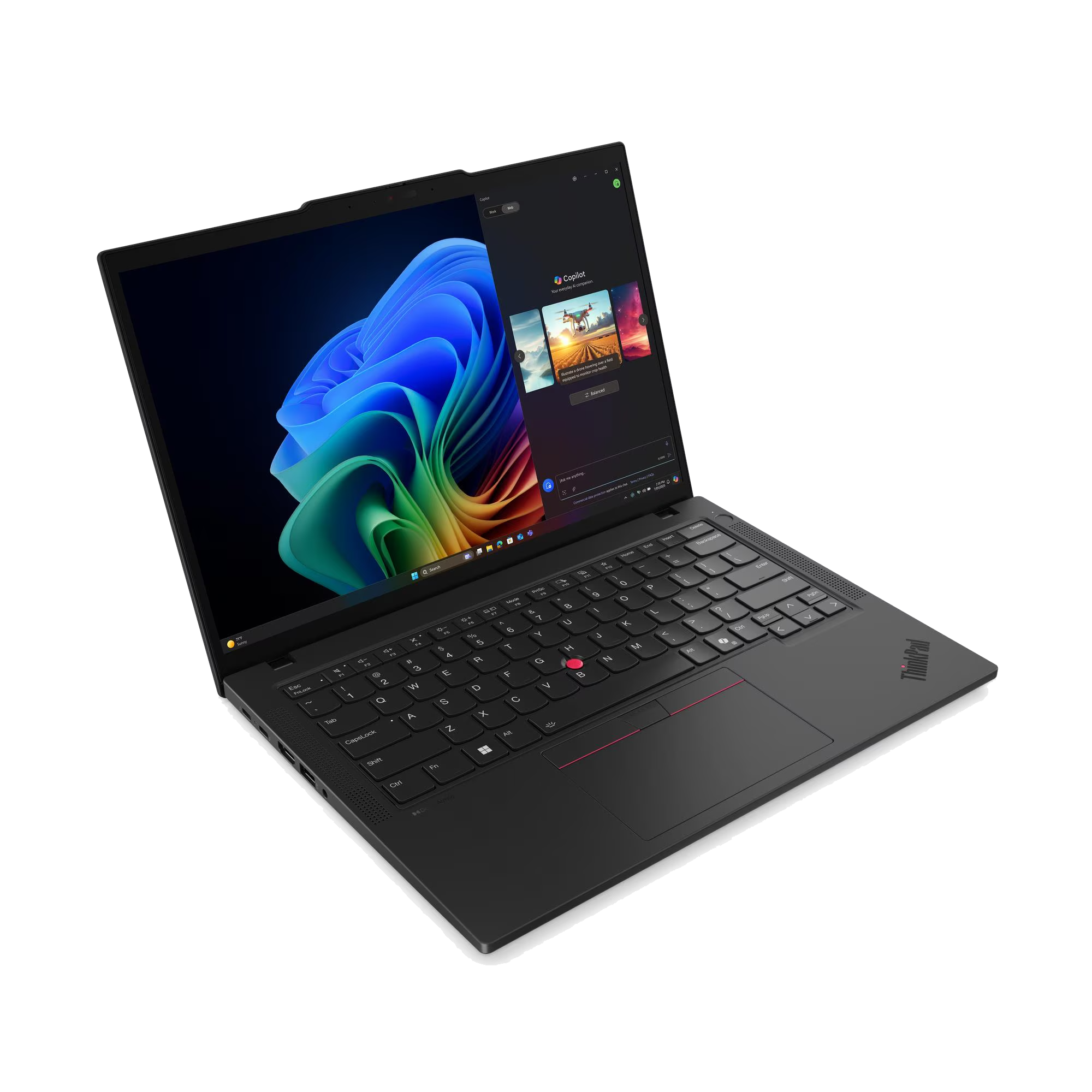 Un portátil negro con pantalla iluminada mostrando una interfaz de IA.