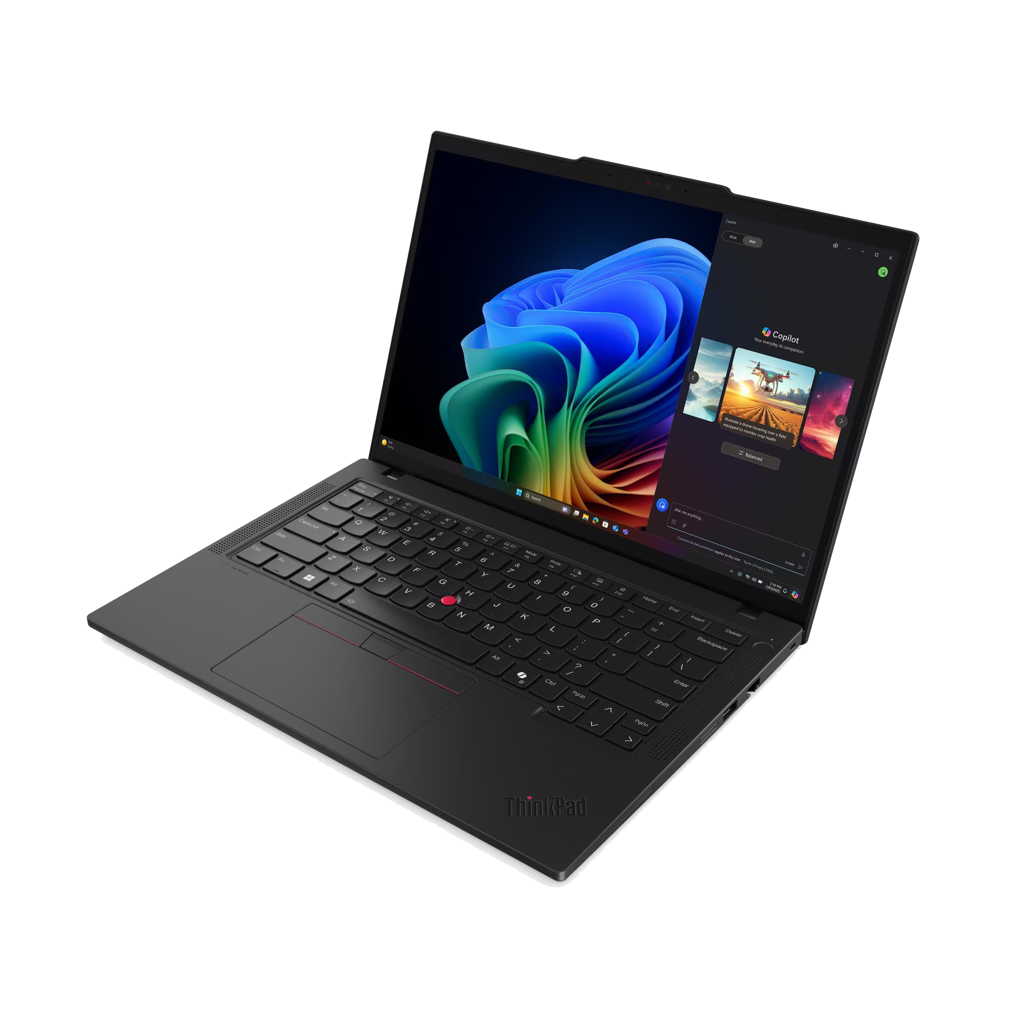 Un portátil negro ThinkPad muestra el asistente Copilot con una ilustración de dron.