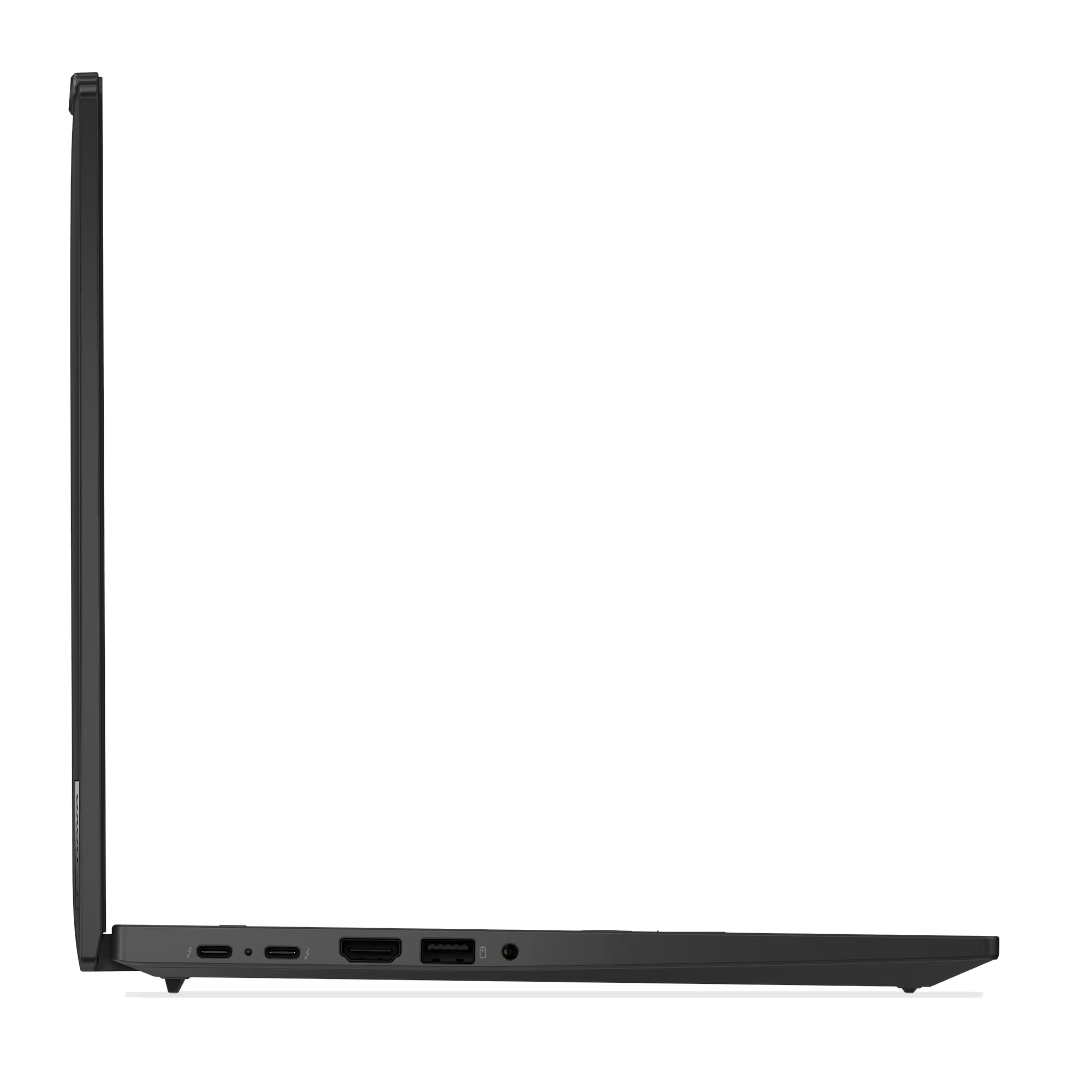 Portátil gris de lado mostrando puertos: USB-C, HDMI, USB-A, conector de audio.