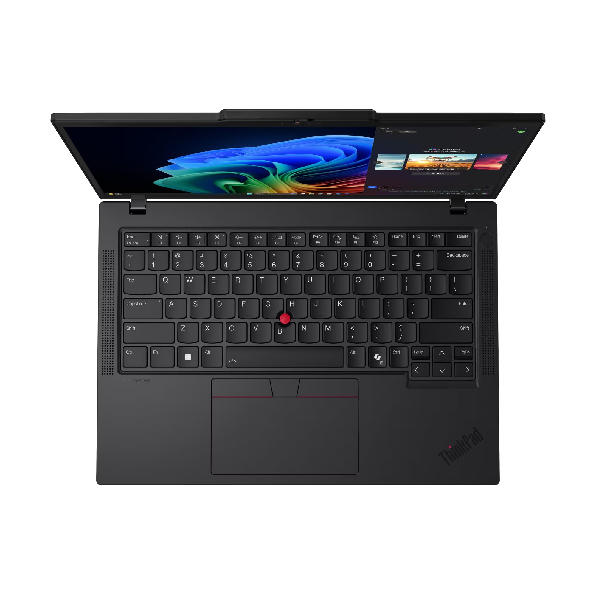 Un portátil negro abierto con teclado y panel táctil retroiluminados.
