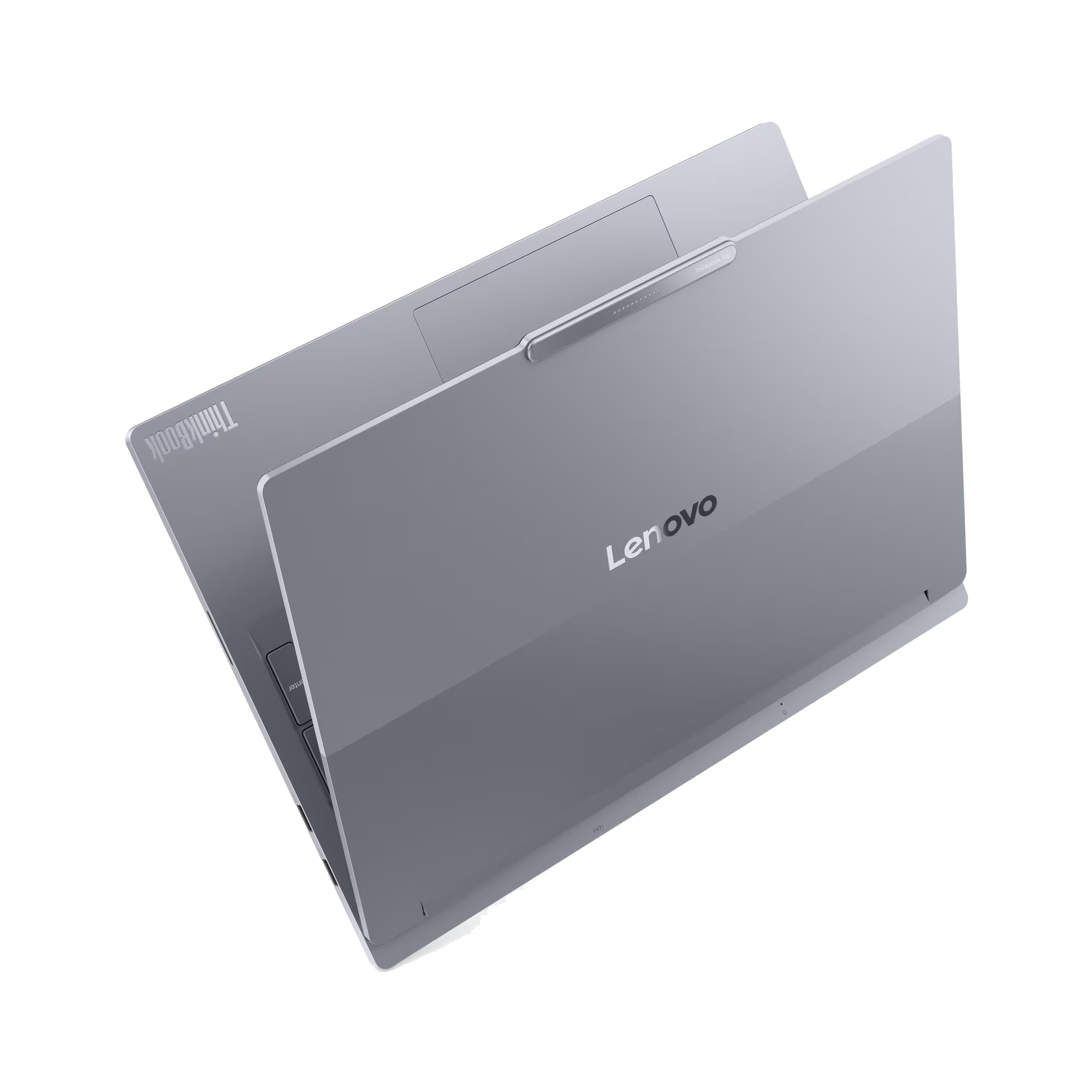 Un portátil Lenovo plateado, visto desde arriba, con el logo de ThinkBook visible.