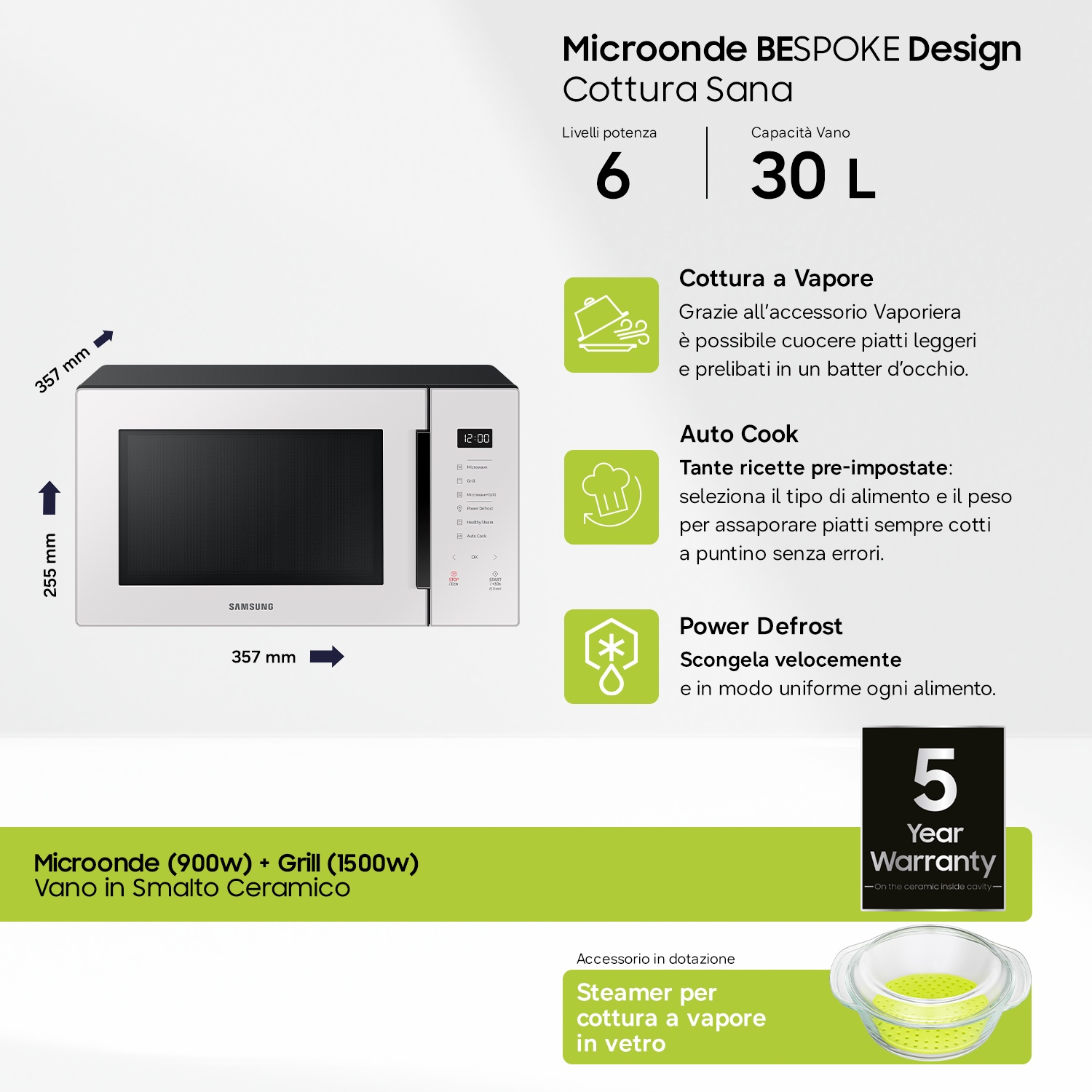 Microonde bianco con touchscreen, dimensioni 357x255mm. Dettagli cottura a vapore.