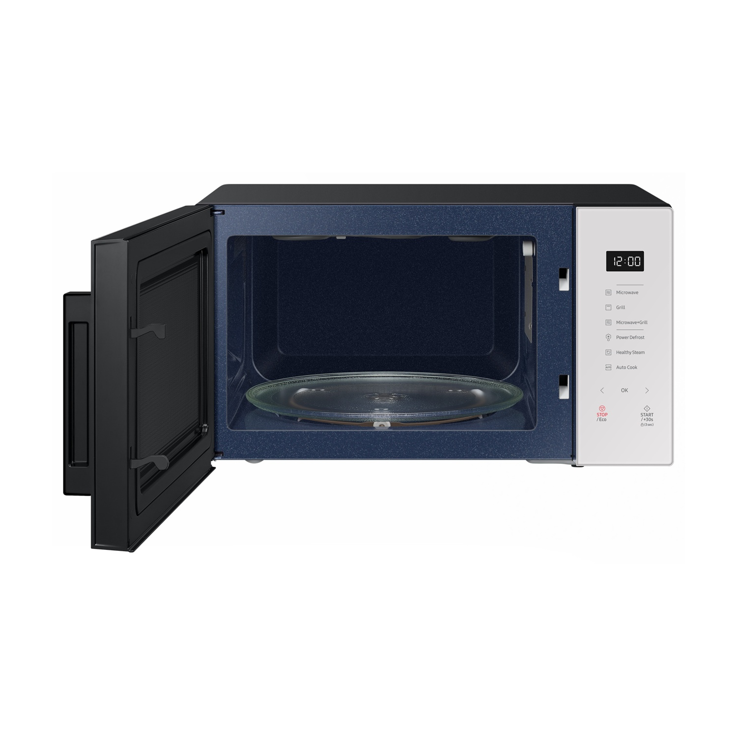 Un forno a microonde aperto con interno blu e piatto girevole.