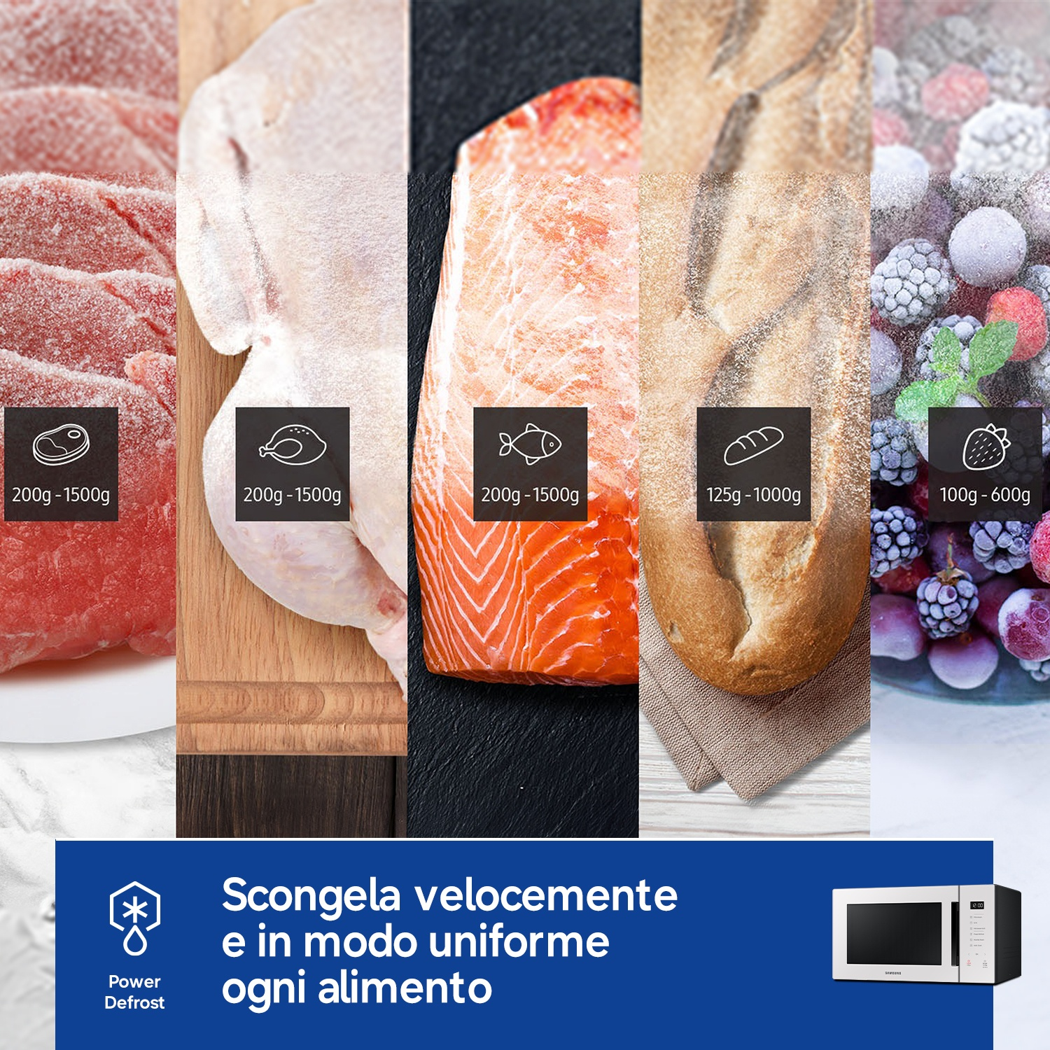 Carne, pollo, salmone, pane e frutti di bosco congelati affiancati.