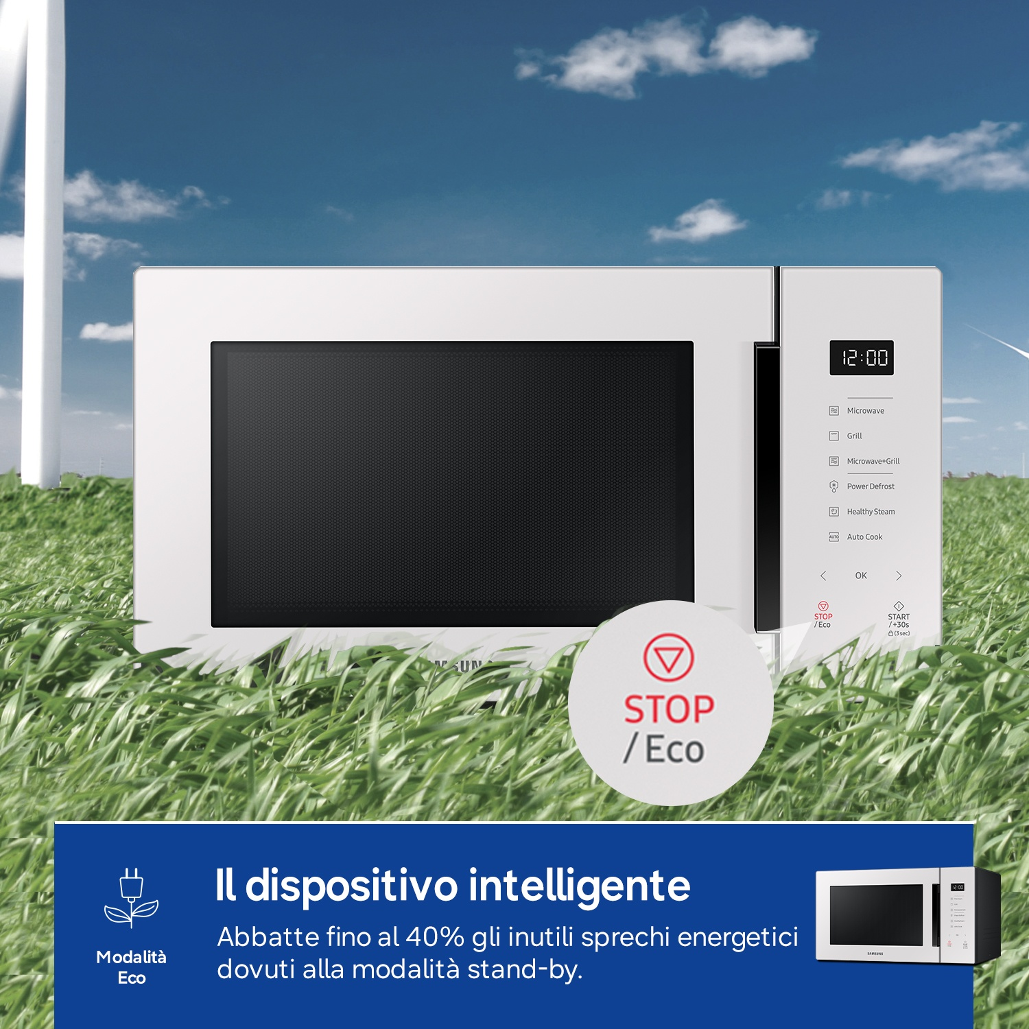 Un forno a microonde bianco sull'erba davanti a turbine eoliche e cielo blu.