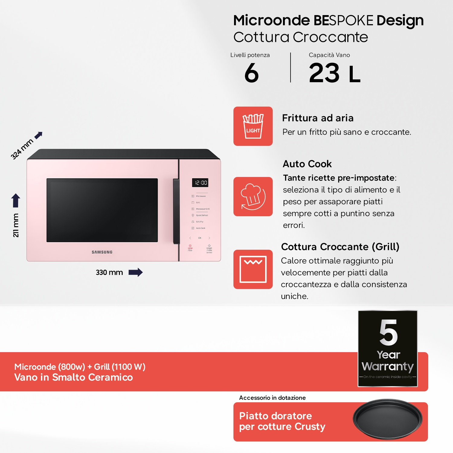 Un forno a microonde Samsung rosa con funzione grill e accessori.