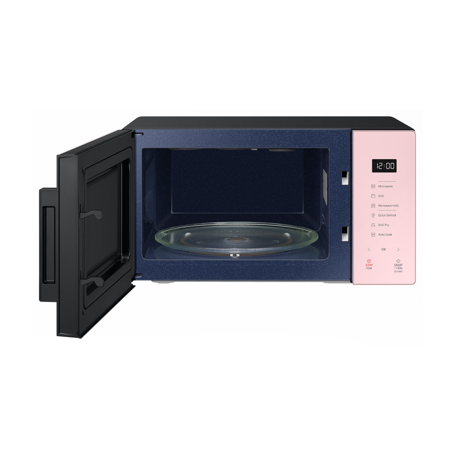 Un microonde blu scuro con porta aperta, frontale rosa e display digitale.